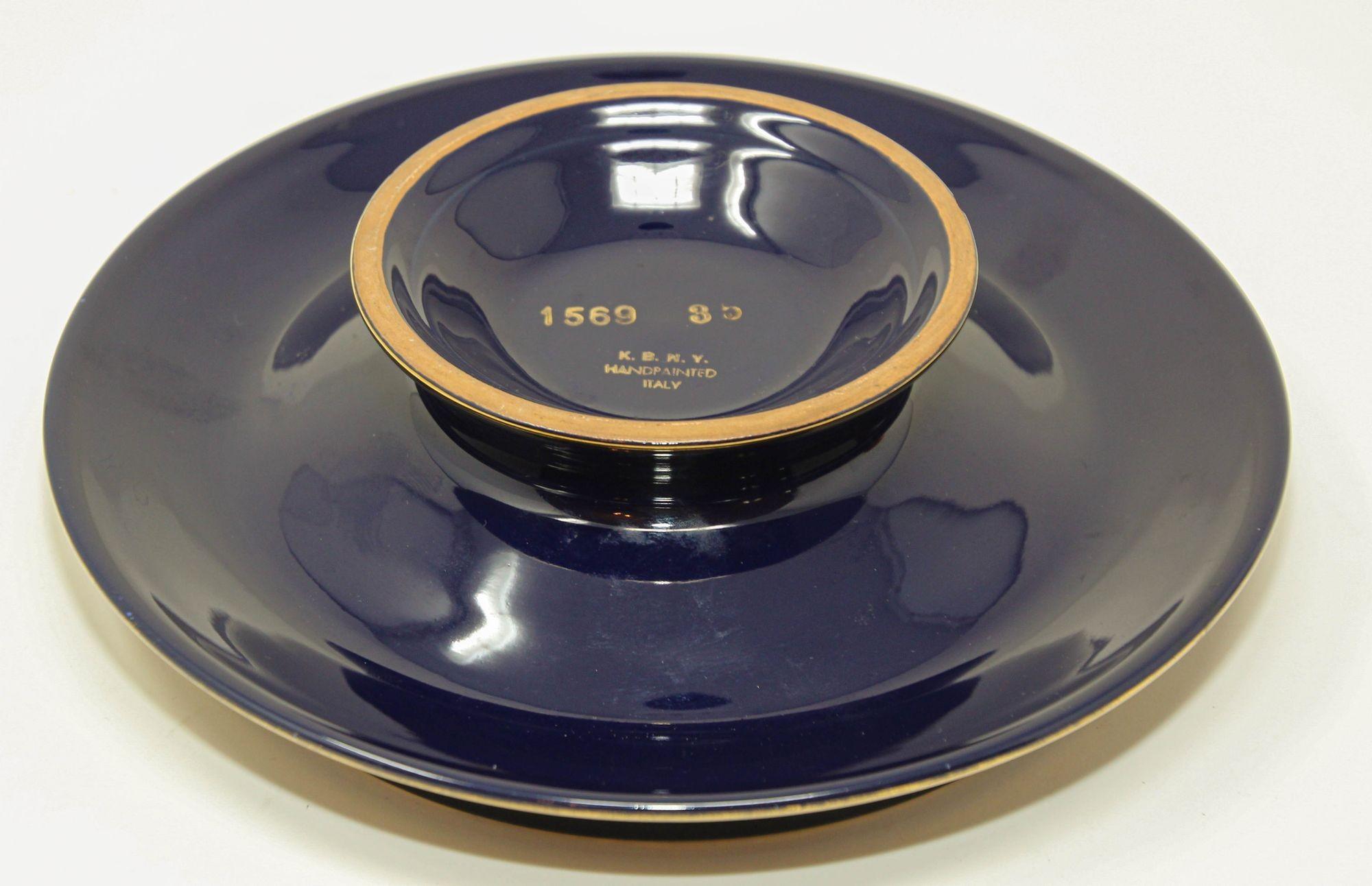 Vintage Italian Florentine Cobalt Blue and Gold Large Footed Ashtray For Sale 2