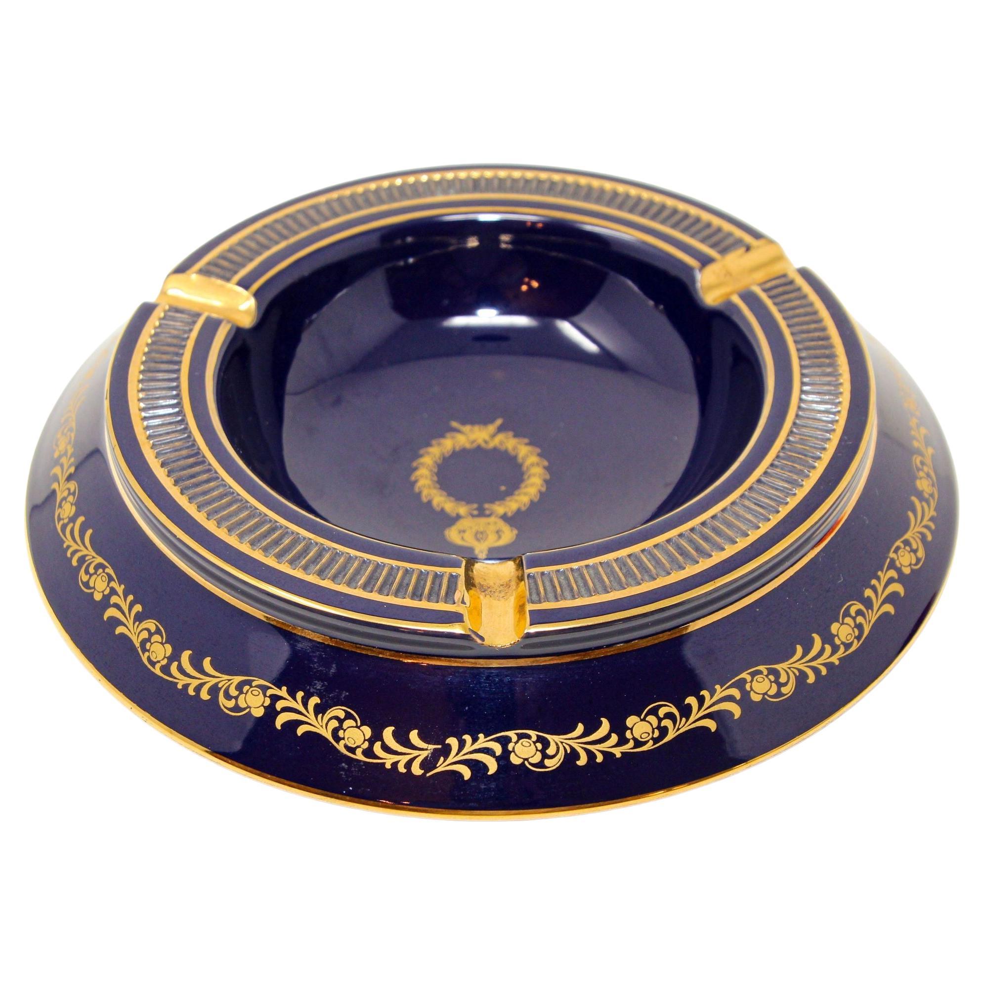 Vintage Italian Florentine Cobalt Blue and Gold Large Footed Ashtray For Sale
