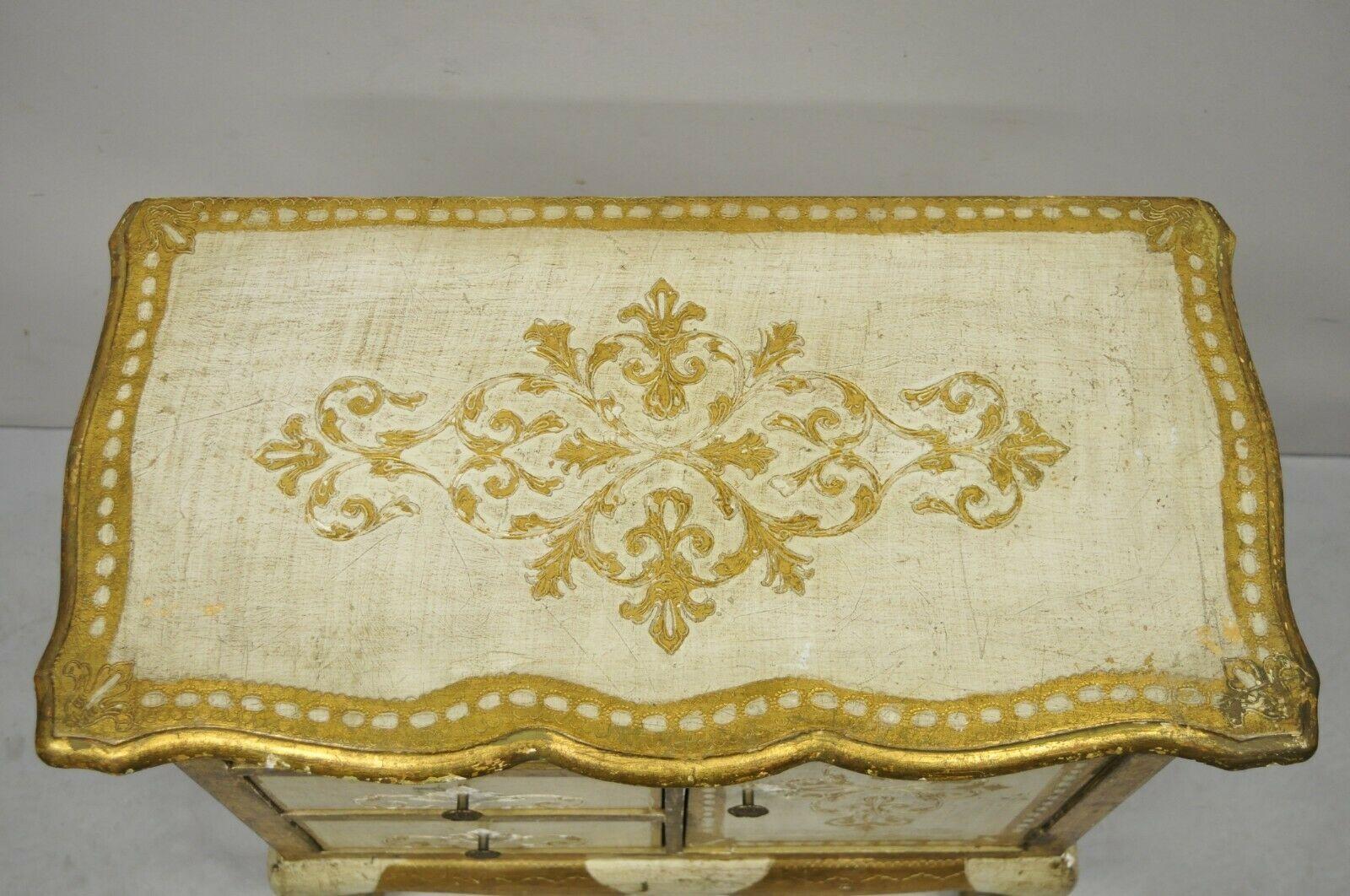 Hollywood Regency Vintage Italian Florentine Cream and Gold Small Nightstand Side Table Cabinet