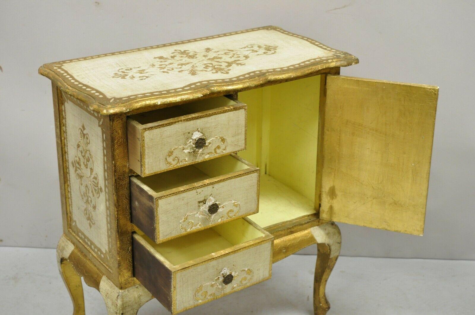 20th Century Vintage Italian Florentine Cream and Gold Small Nightstand Side Table Cabinet