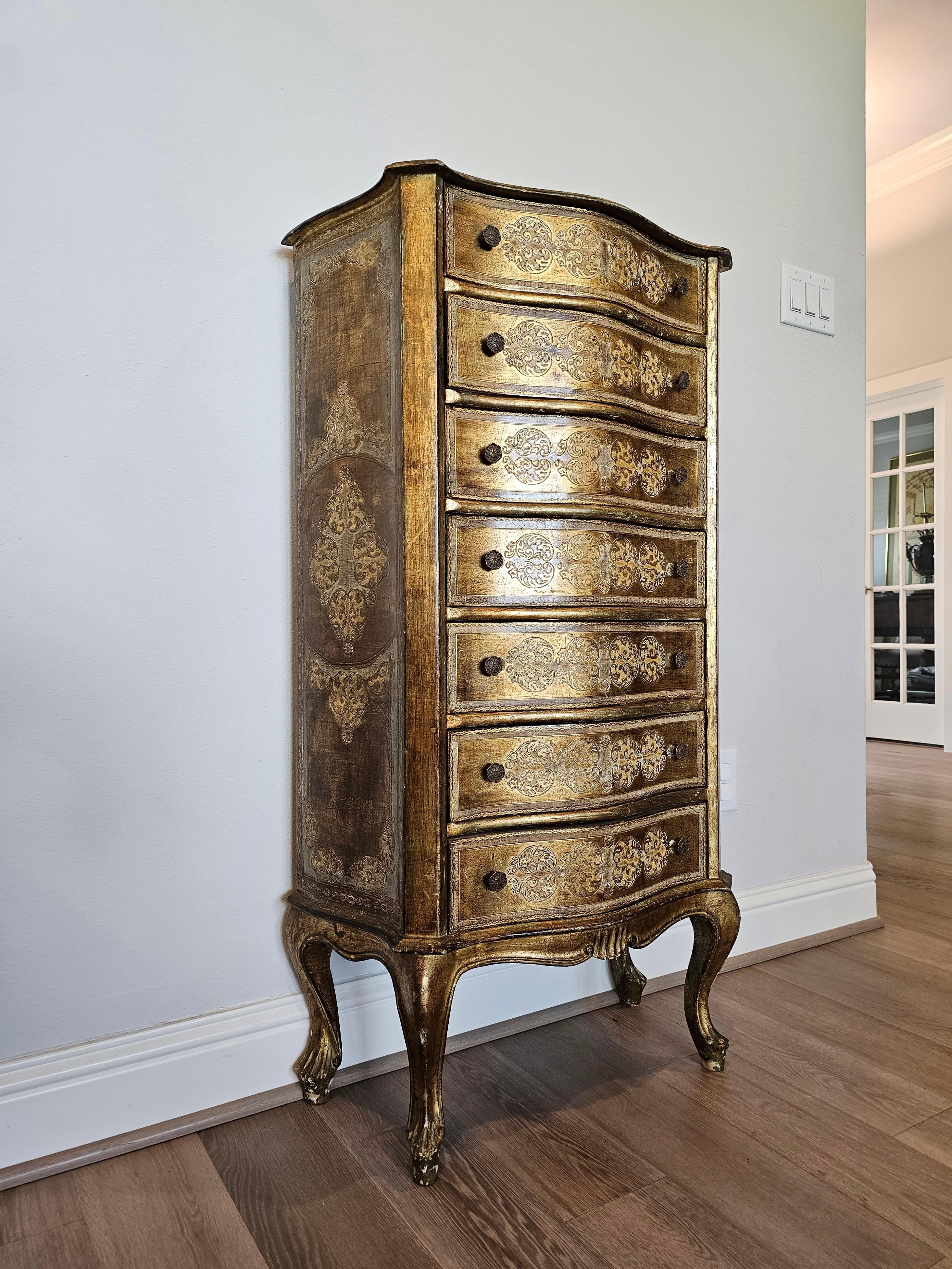 A stunning Italian midcentury hand decorated tall chest of drawers - lingerie semainier. circa 1940

Handcrafted in the Florence region of Central Italy in the mid-20th century, the curvacious serpatine-shaped solid wood case finished in opulent