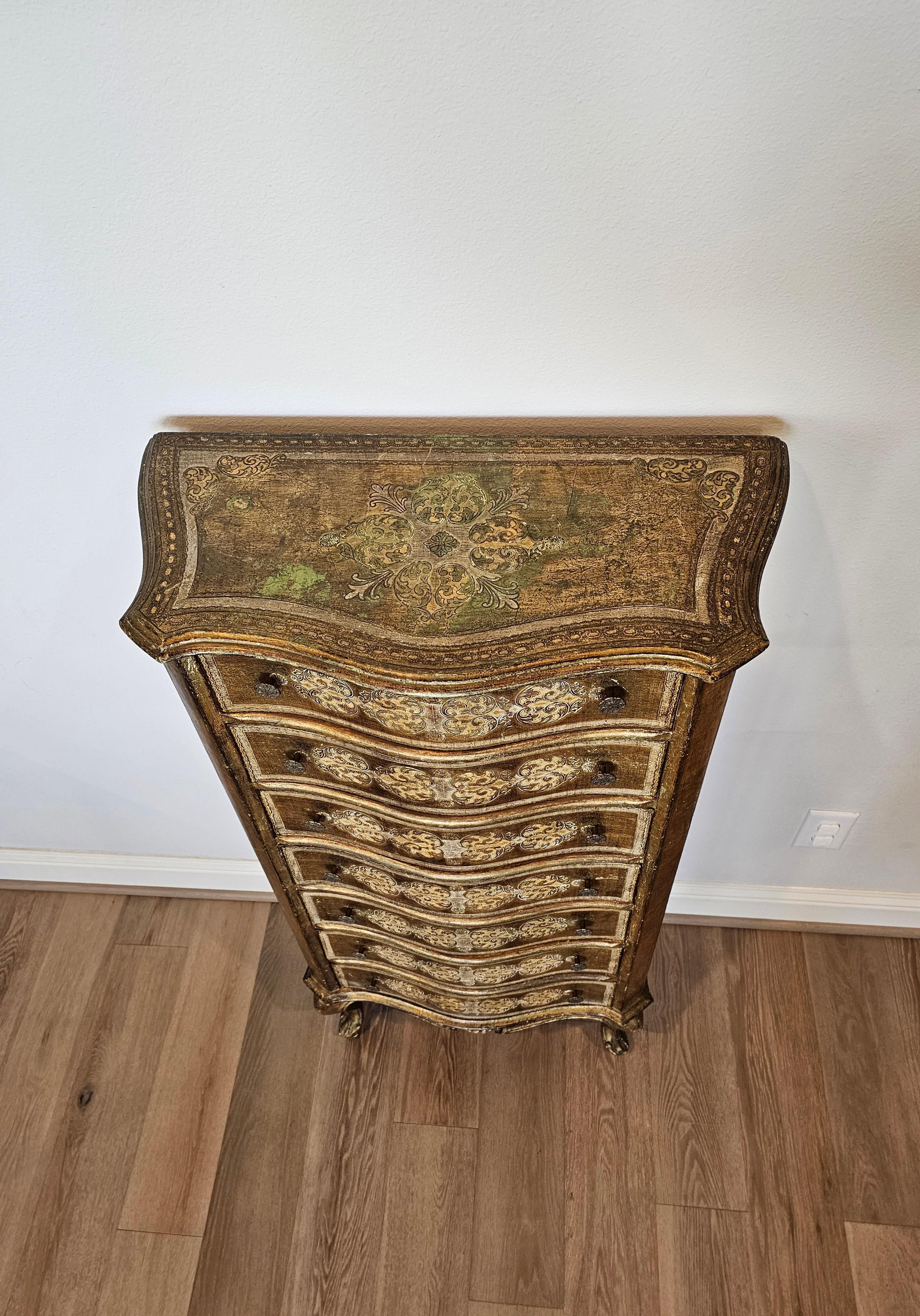 Hand-Carved Vintage Italian Florentine Gilt Tall Chest of Drawers Lingerie Semainier For Sale