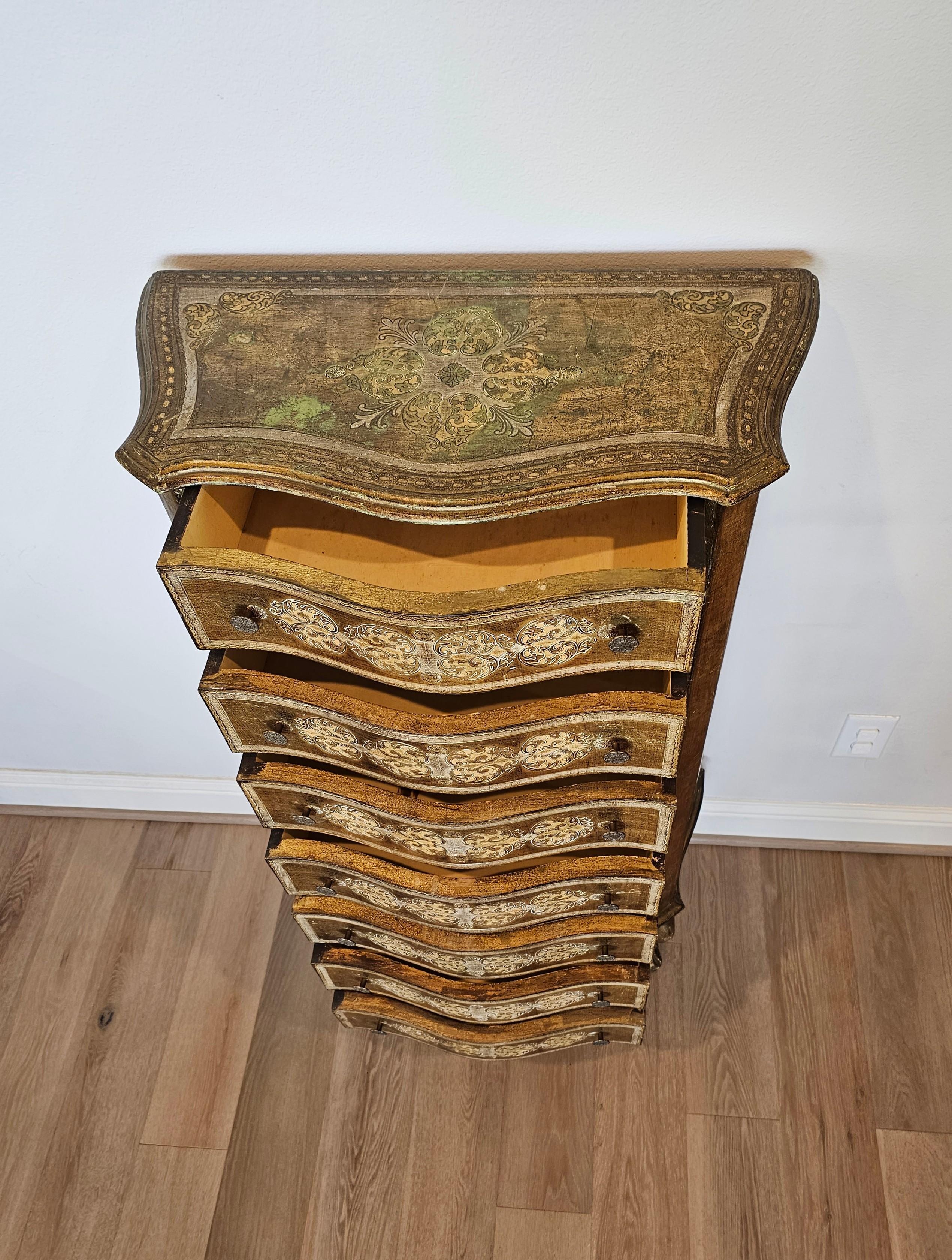 Vintage Italian Florentine Gilt Tall Chest of Drawers Lingerie Semainier In Distressed Condition For Sale In Forney, TX
