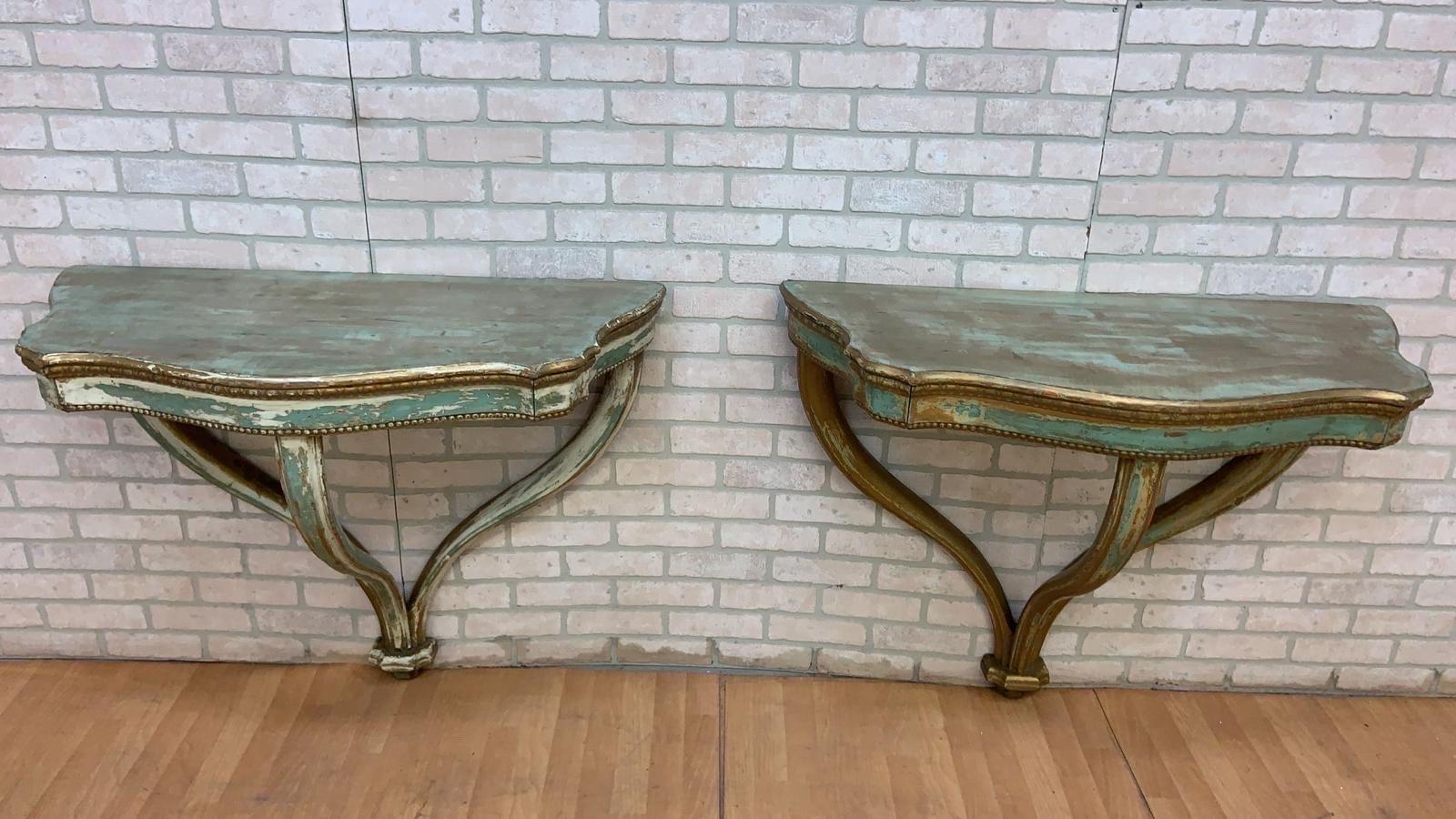 Vintage Italian Florentine Gilt Wall Hanging Demilune Console Shelf Table, Pair 8