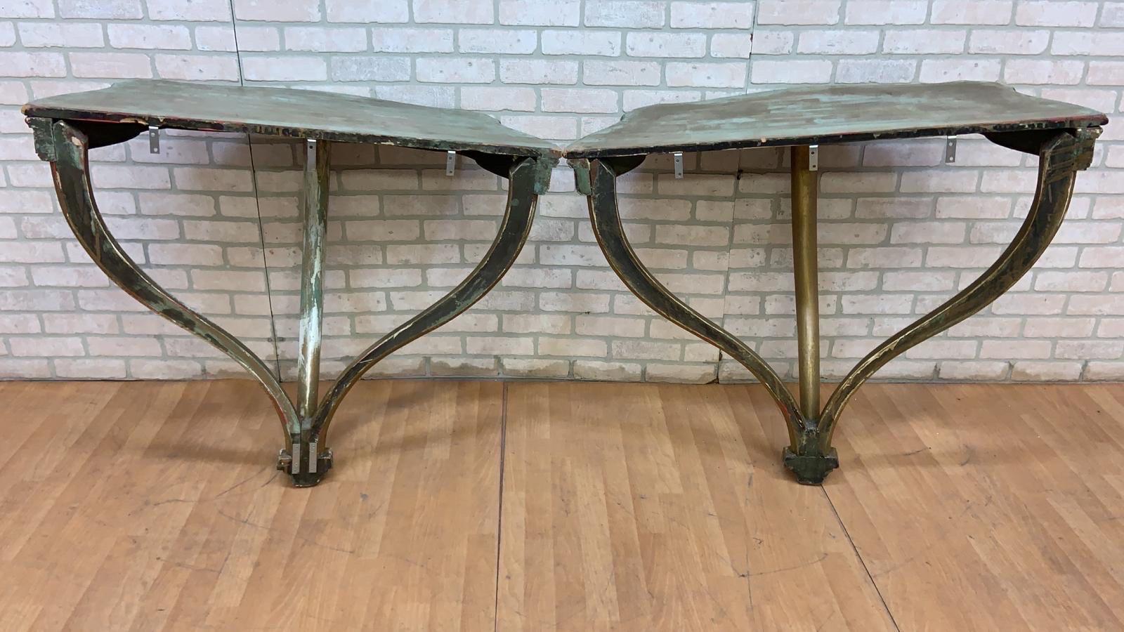 Hand-Carved Vintage Italian Florentine Gilt Wall Hanging Demilune Console Shelf Table, Pair