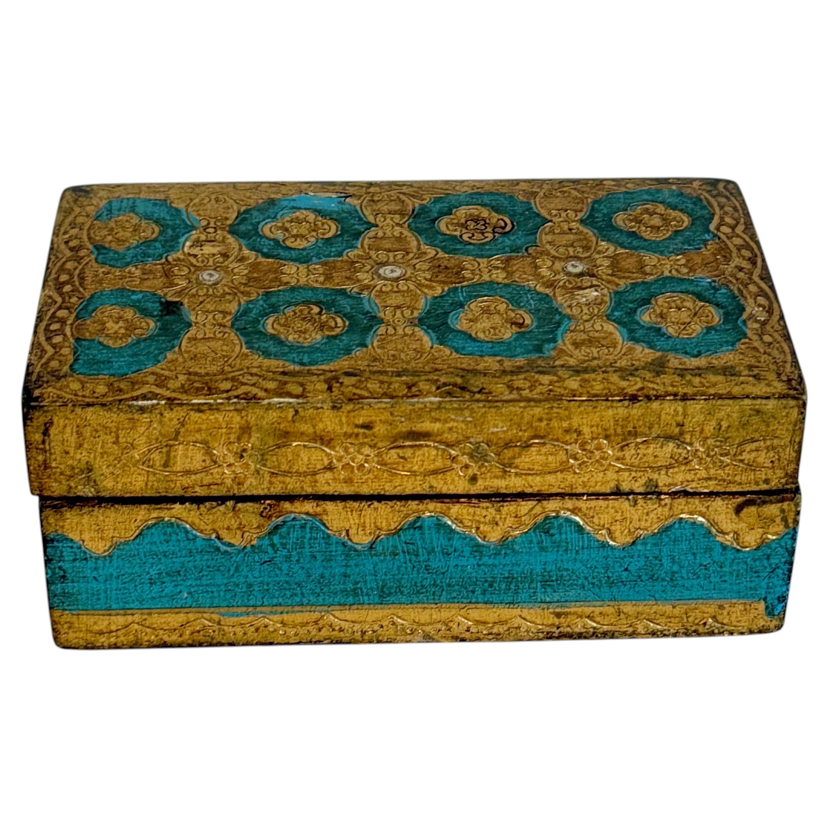 Vintage Italian Florentine Giltwood Rectangular Blue Painted Box