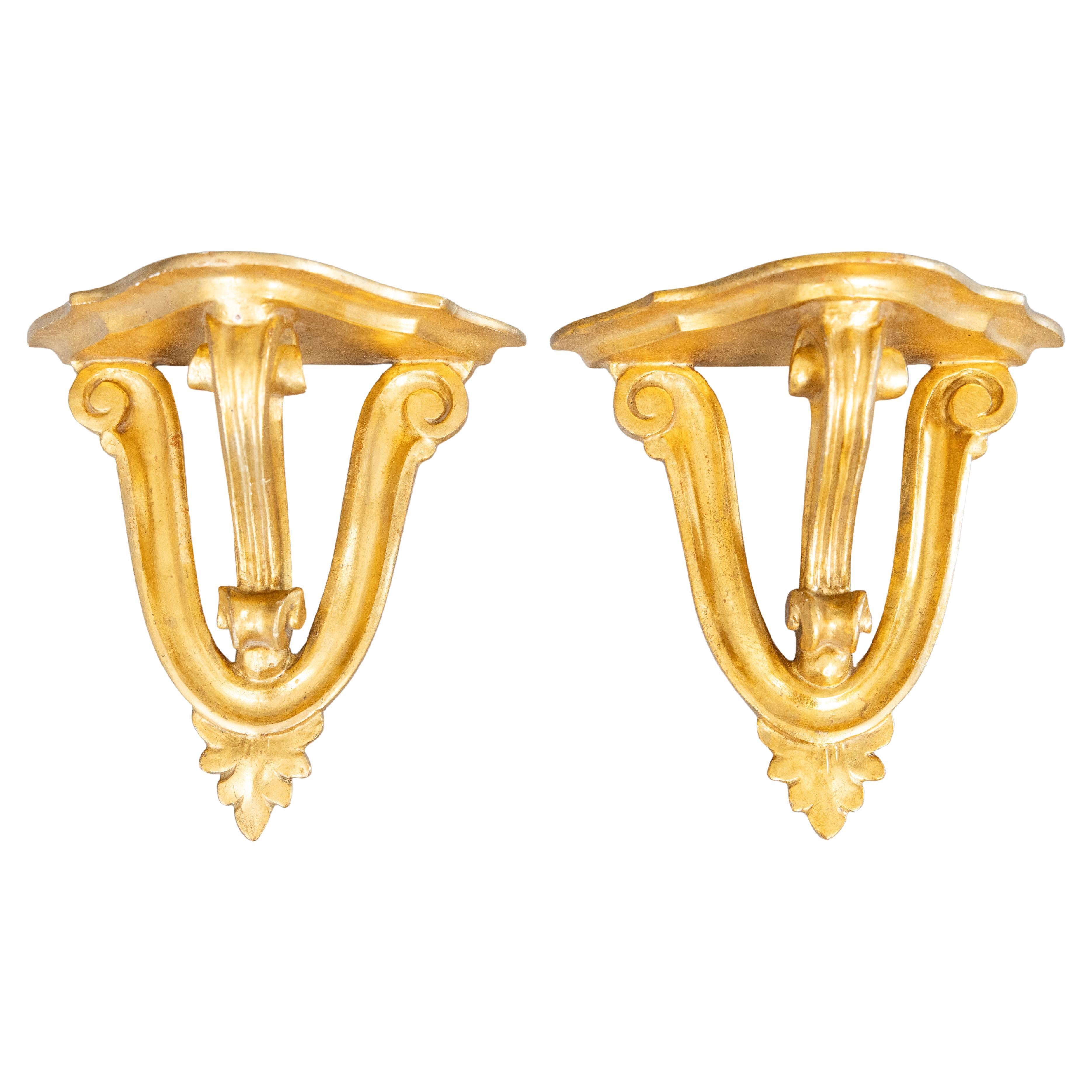 Pair of Italian Florentine Neoclassical Giltwood Wall Brackets Shelves, c. 1950