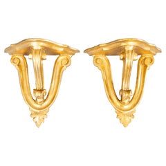 Pair of Italian Florentine Neoclassical Giltwood Wall Brackets Shelves, c. 1950