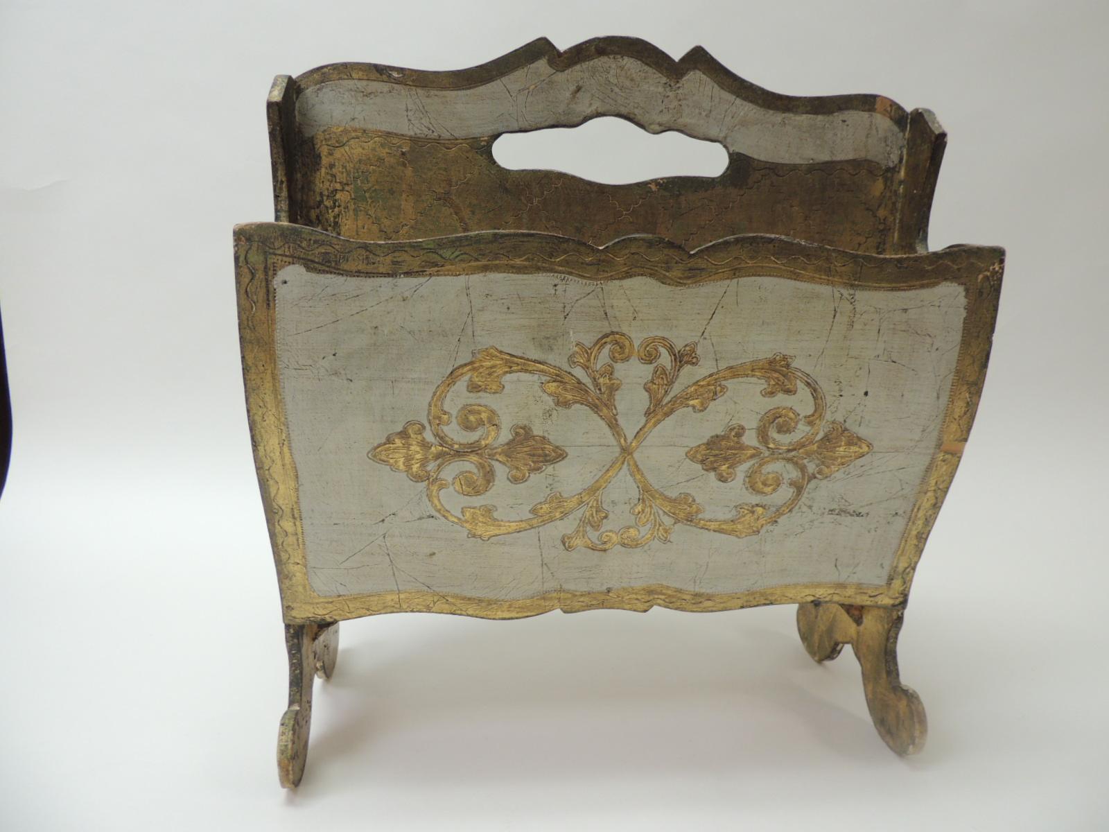 Mid-Century Modern Vintage Italian Florentine Painted and Giltwood Magazine Holder