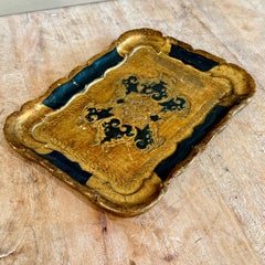 Vintage Italian Florentine Rectangular Gilt Gold Blue Tray
