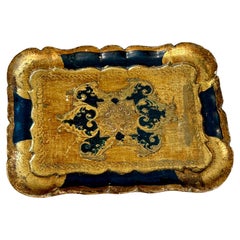 Vintage Italian Florentine Rectangular Gilt Gold Blue Tray
