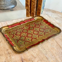 Vintage Italian Florentine Rectangular Gilt Gold Red Tray