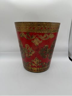 Vintage Italian Florentine Red & Gold Waste Basket or Trash Bin