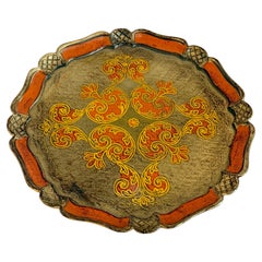 Vintage Italian Florentine Round Gilt Gold Orange Tray