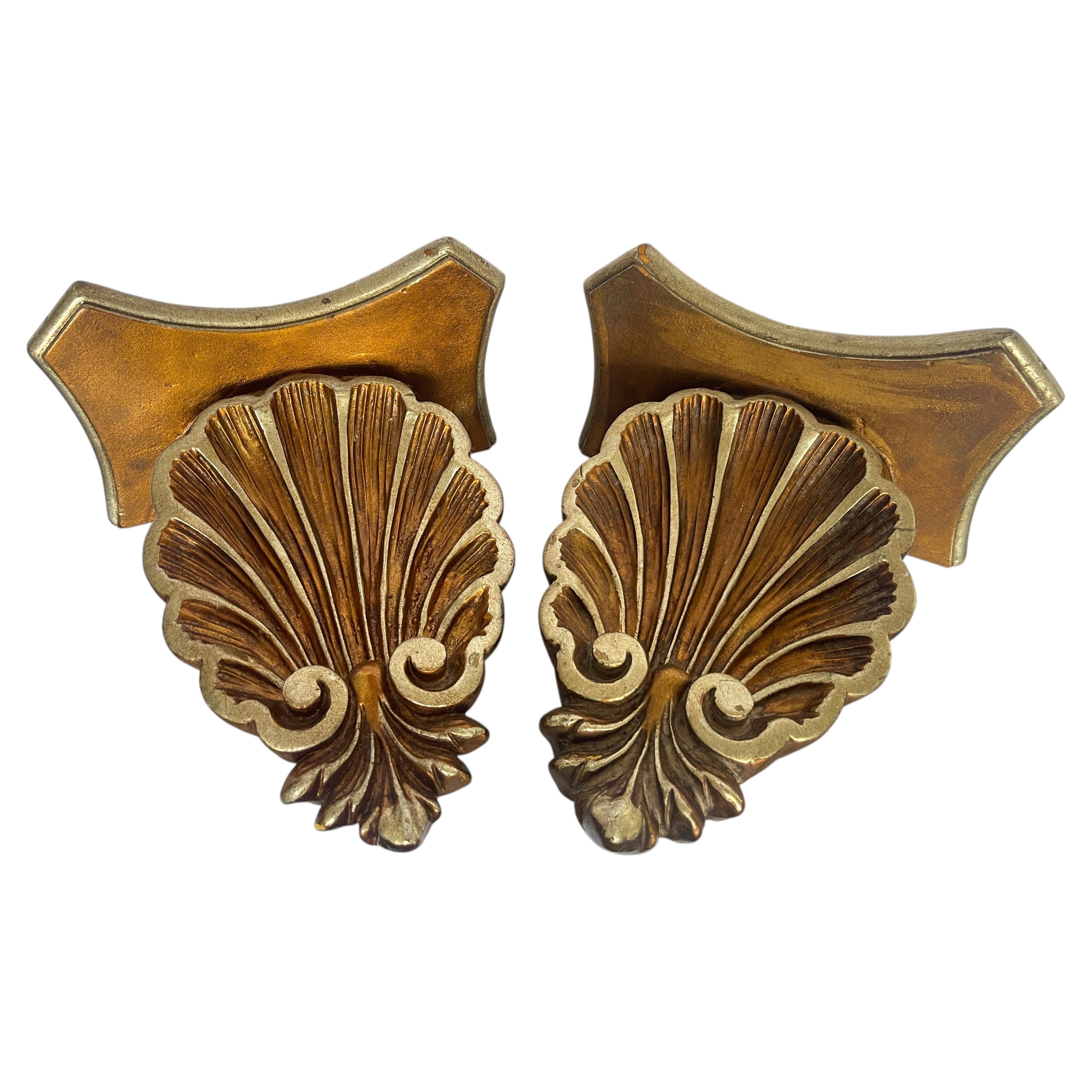 Vintage Italian Florentine Style Pressed Wood Shell Wall Brackets - Pair