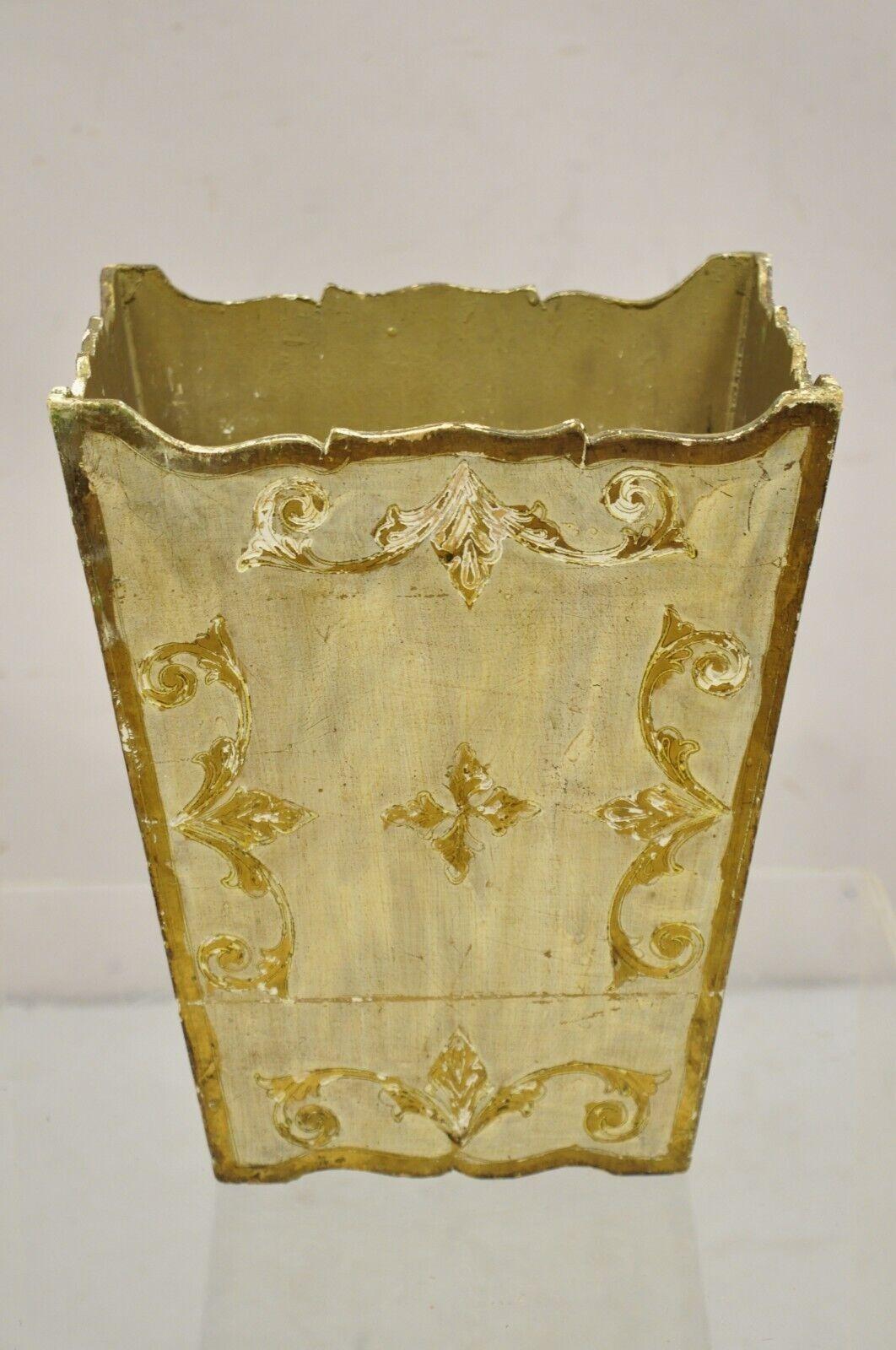 Vintage Italian Florentine Wooden Gold Gilt Wastebasket Trash Can. Circa Mid 20th Century. Measurements: 12