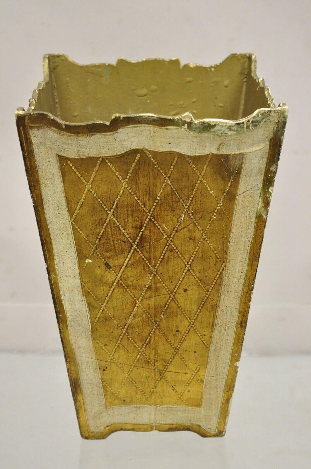 Mid-Century Modern Vintage Italian Florentine Wooden Gold Gilt Wastebasket Trash Can For Sale