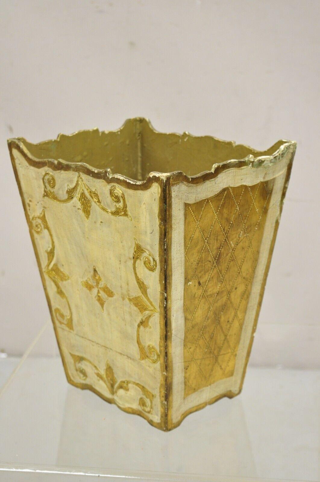 Vintage Italian Florentine Wooden Gold Gilt Wastebasket Trash Can 2