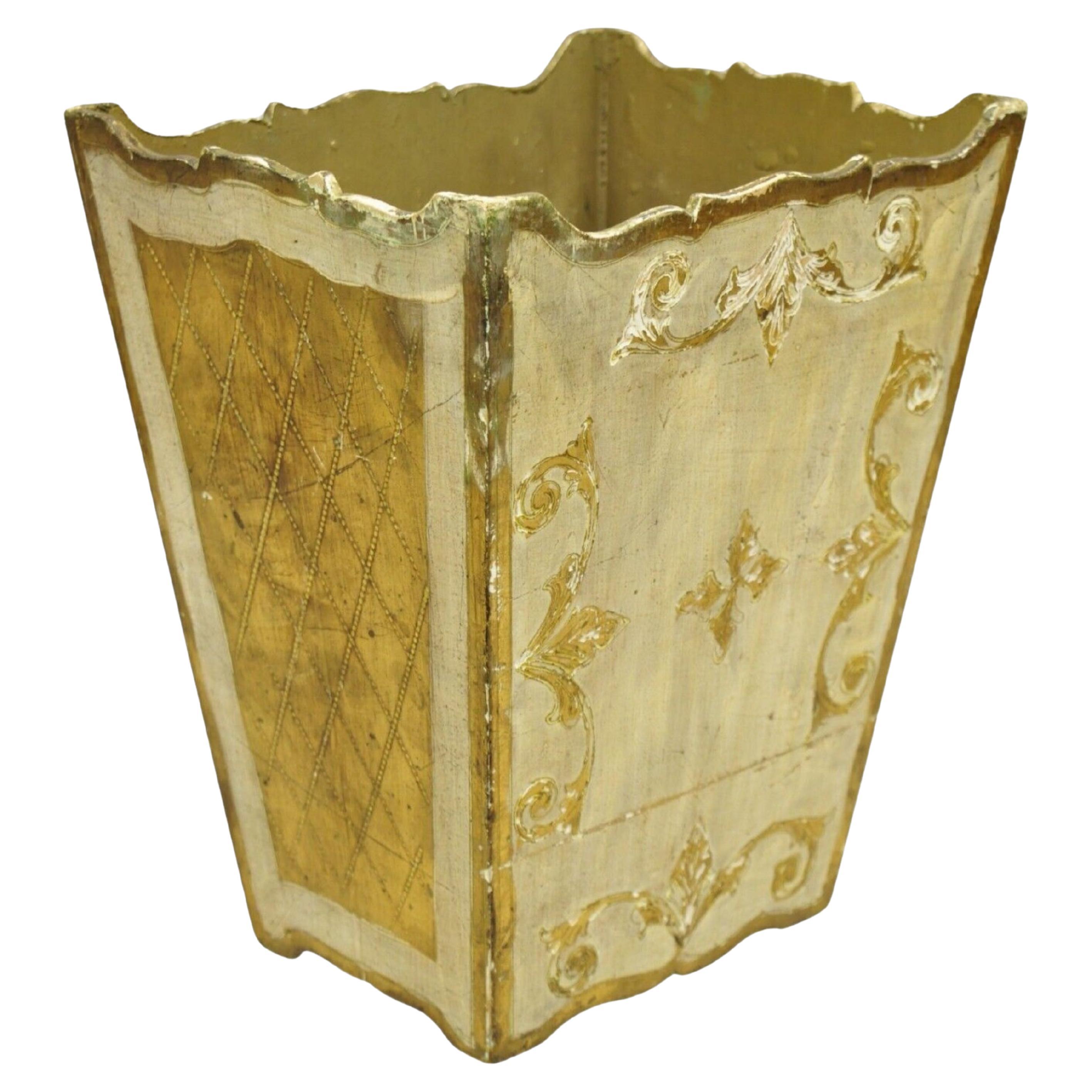 Vintage Italian Florentine Wooden Gold Gilt Wastebasket Trash Can For Sale