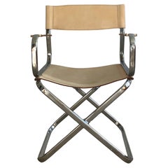 Vintage Italian Folding Chair in Light Beige Leather and Chrome Tubular Frame