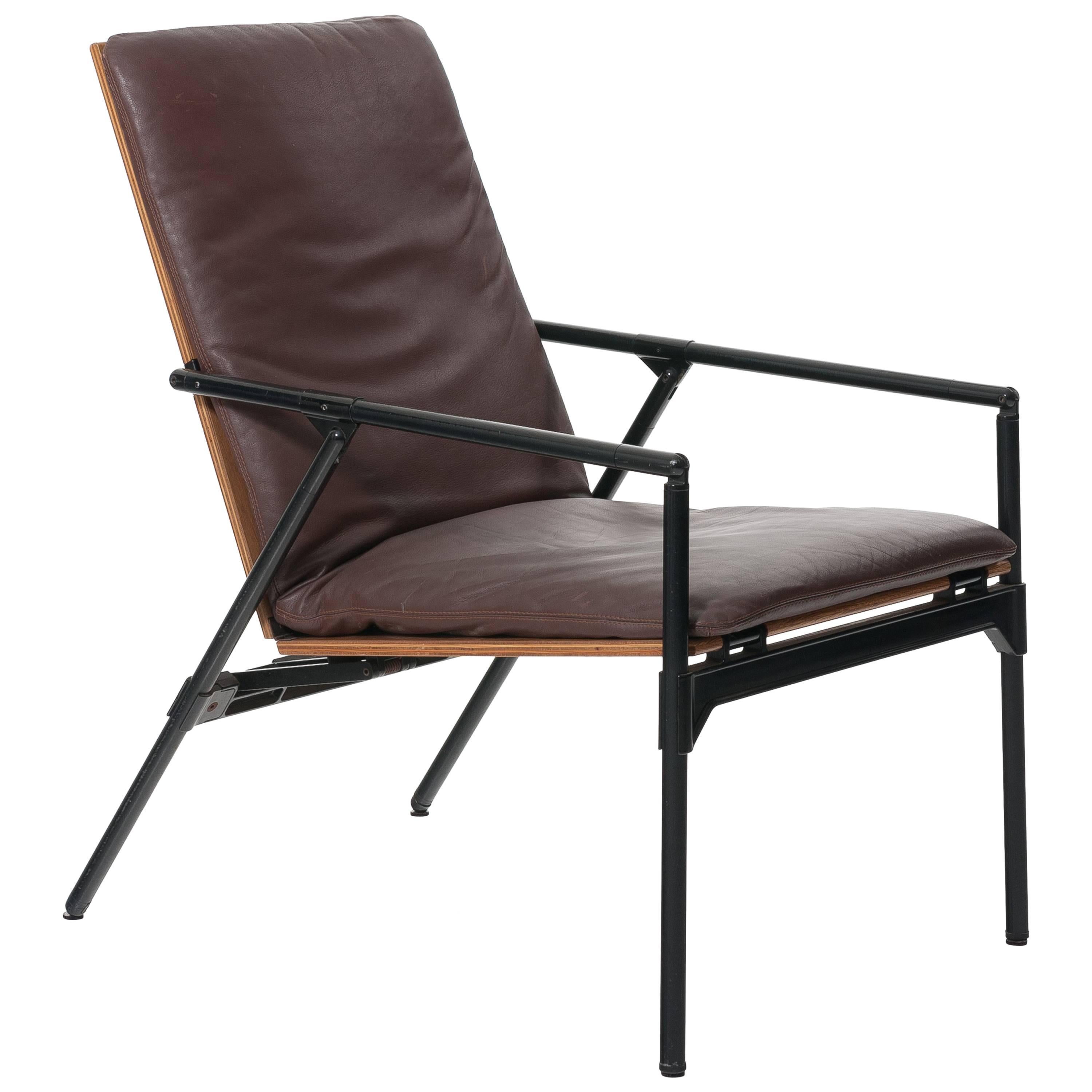 Vintage Italian Folding Dark Brown Leather Armchair, circa 1960 For Sale