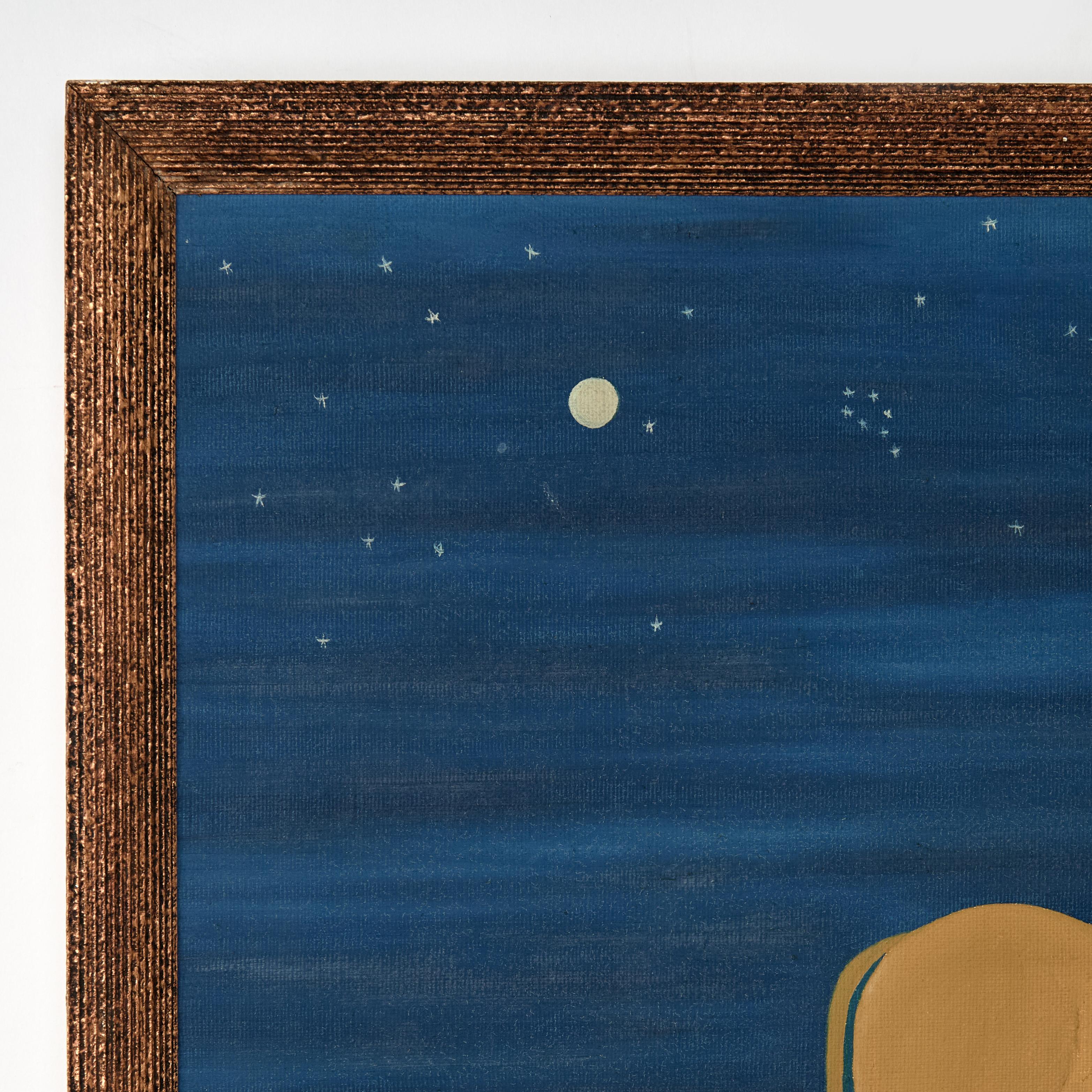 Stravagante dipinto a olio su tela di un leone in un cielo notturno con stelle e luna, eseguito in un caratteristico stile primitivo e naif. Firmato in basso C. Barreto e annotato sul retro Concha Barreto, intitolato 