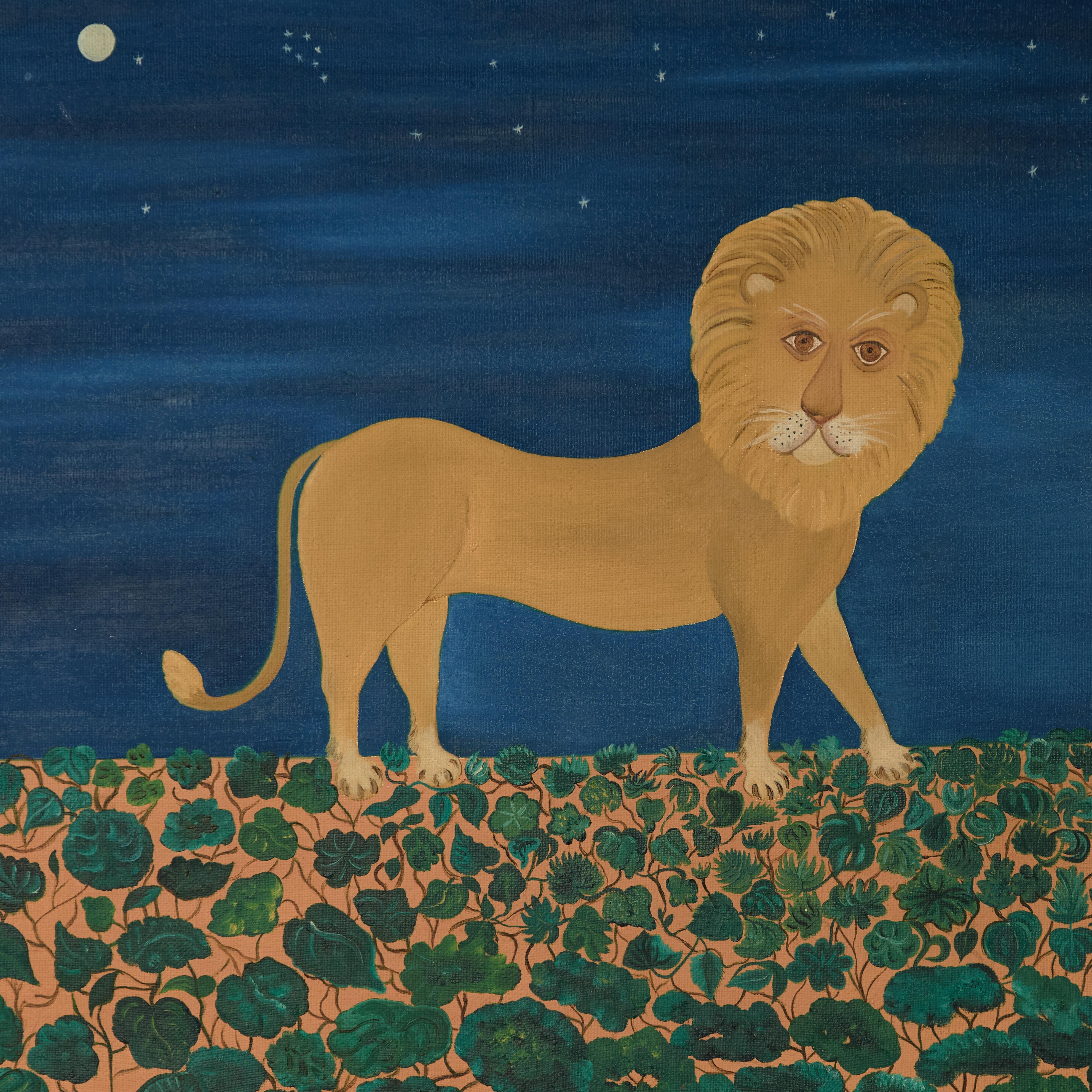 Arte popolare Pittura folkloristica italiana d'epoca su tela raffigurante un leone in vendita