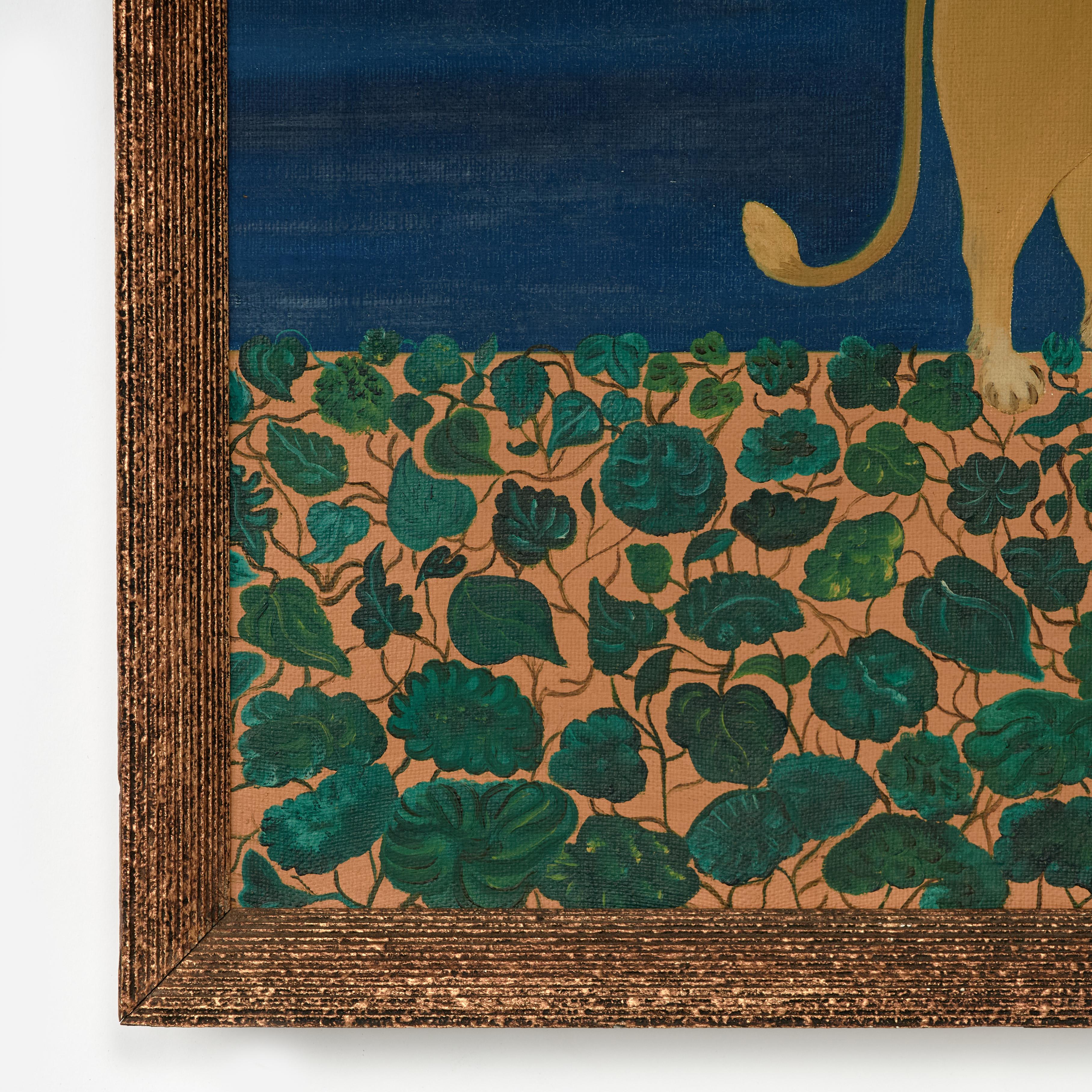 Dipinto a mano Pittura folkloristica italiana d'epoca su tela raffigurante un leone in vendita