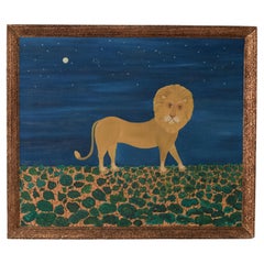 Vintage Italian Folk Art Painting on Canvas of a Lion (peinture d'art populaire italienne sur toile)