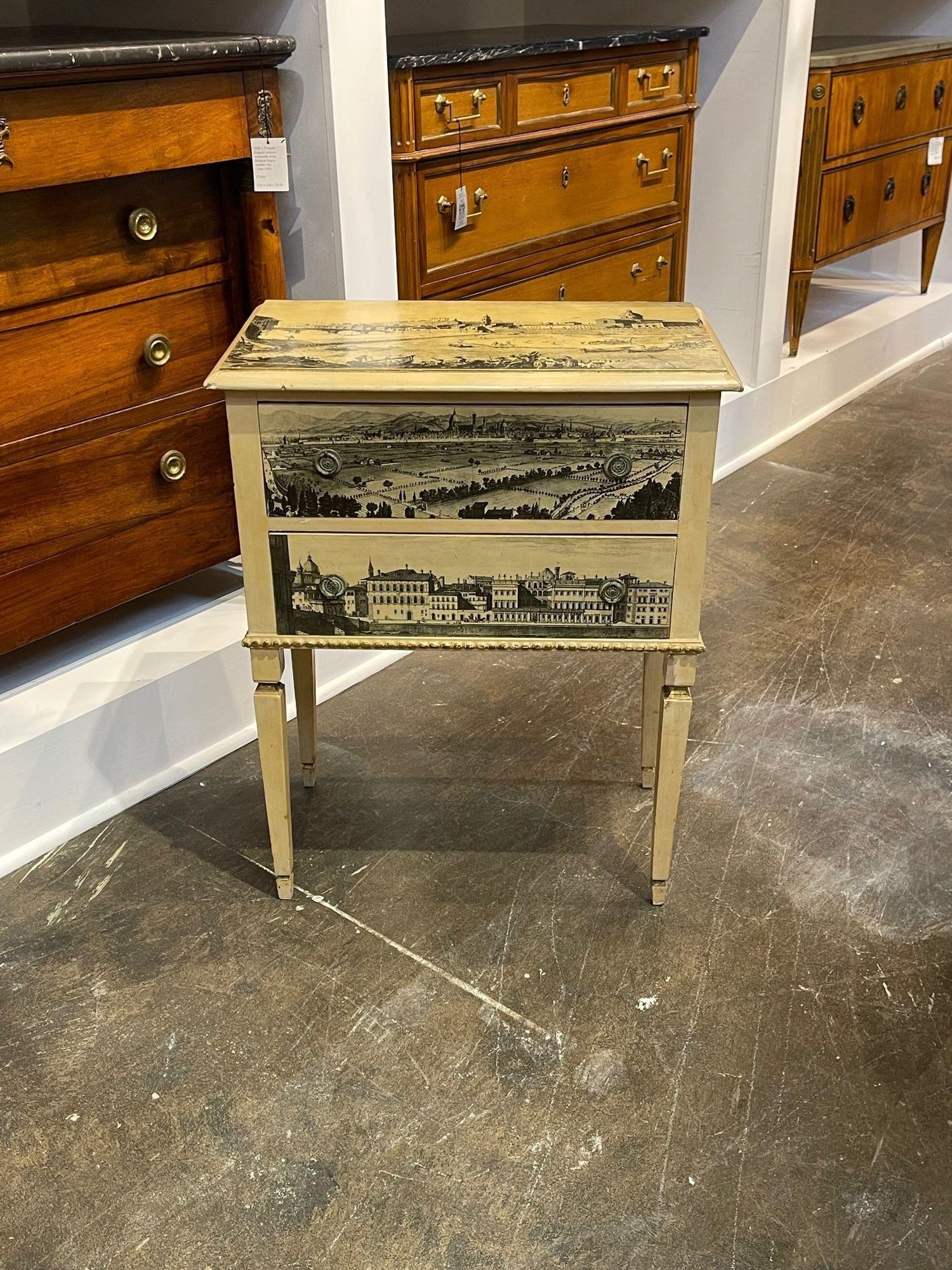 Very unique vintage Italian Fornasetti style side table. Features scenes from an ancient city. A true work of art that is a real conversation piece. Amazing!