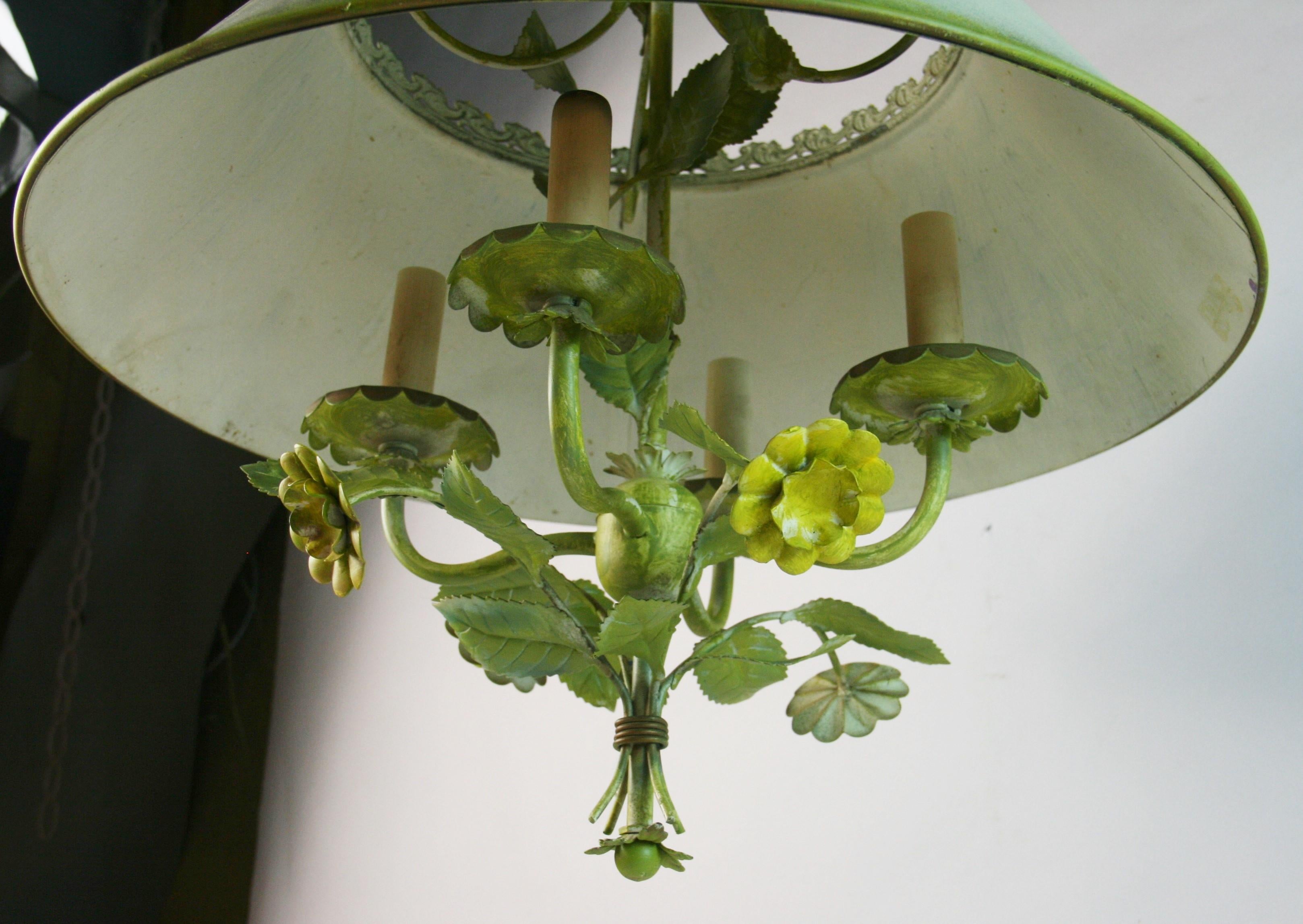 Vintage Italian Four Light Tole flowers and leaves Chandelier with Tole Shade For Sale 5