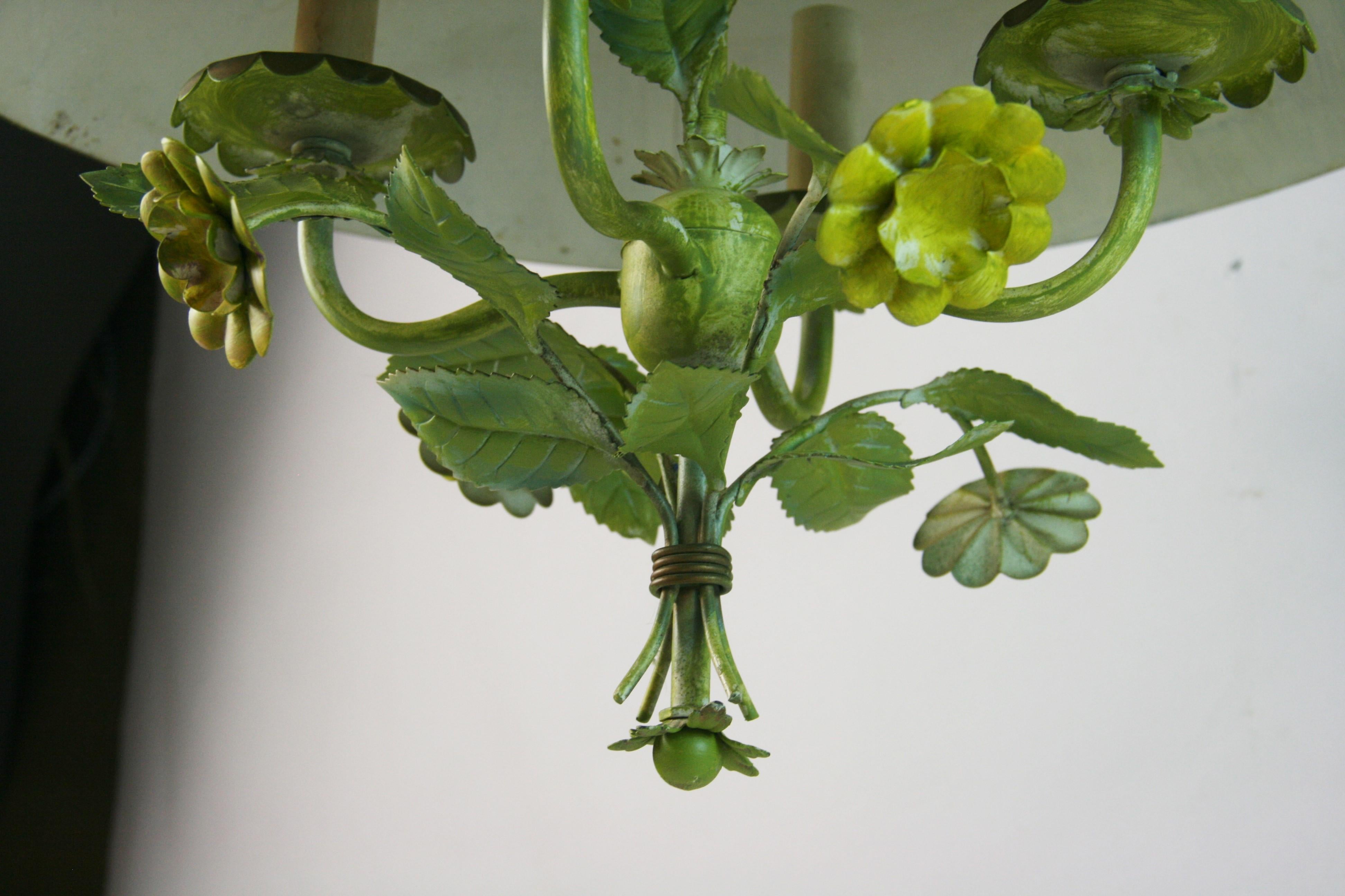 Vintage Italian Four Light Tole flowers and leaves Chandelier with Tole Shade For Sale 6