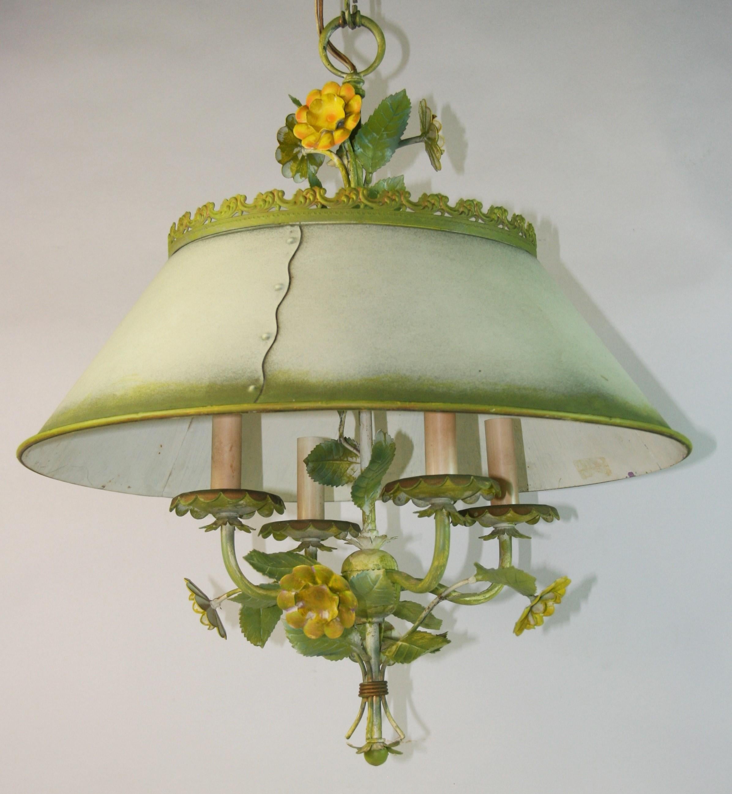 1766 Vintage Italian green and yellow tole 4 light chandelier with metal shade
Supplied with an additional 16