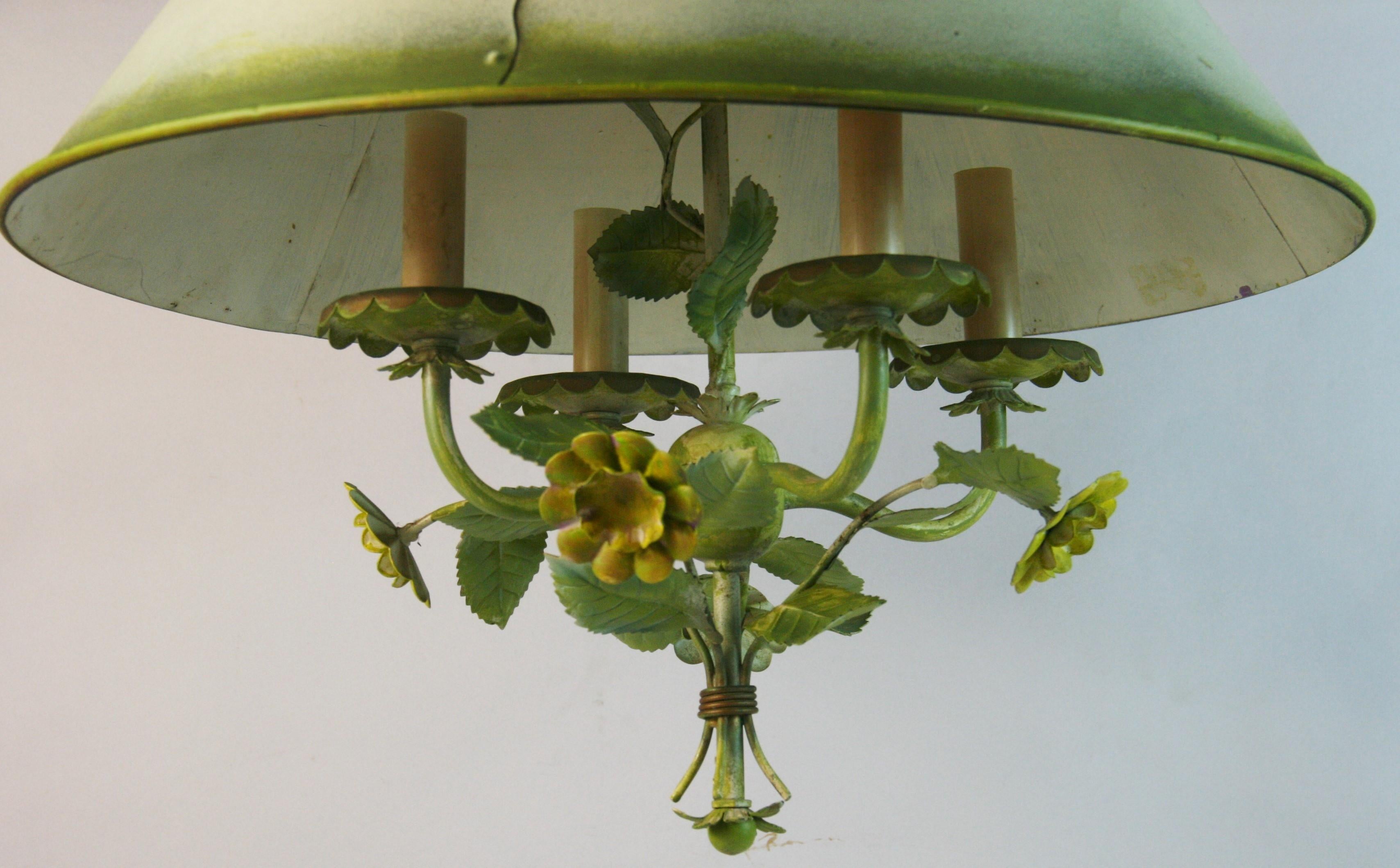 Vintage Italian Four Light Tole flowers and leaves Chandelier with Tole Shade In Good Condition For Sale In Douglas Manor, NY