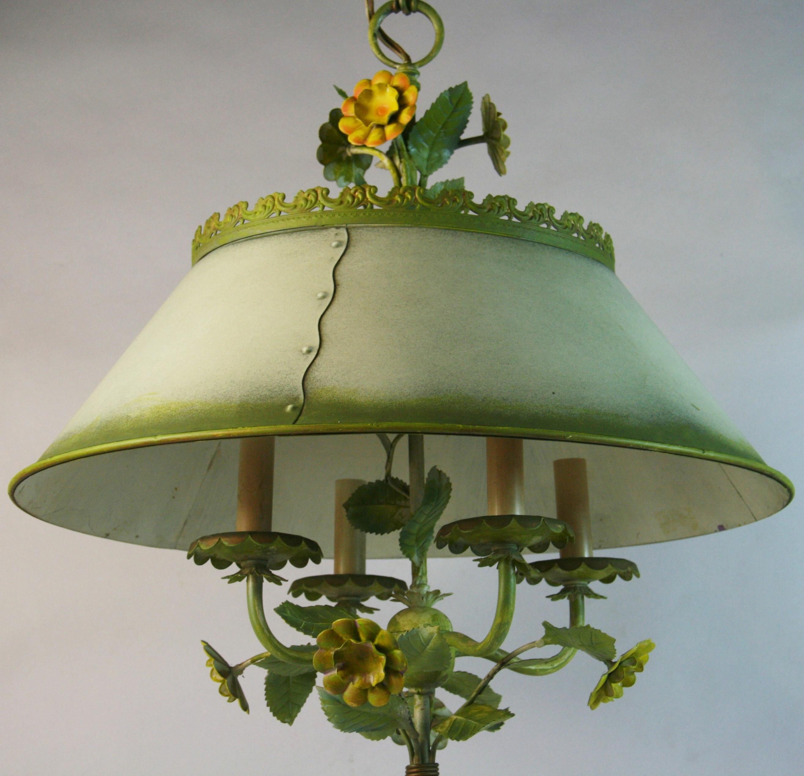 Mid-20th Century Vintage Italian Four Light Tole flowers and leaves Chandelier with Tole Shade For Sale