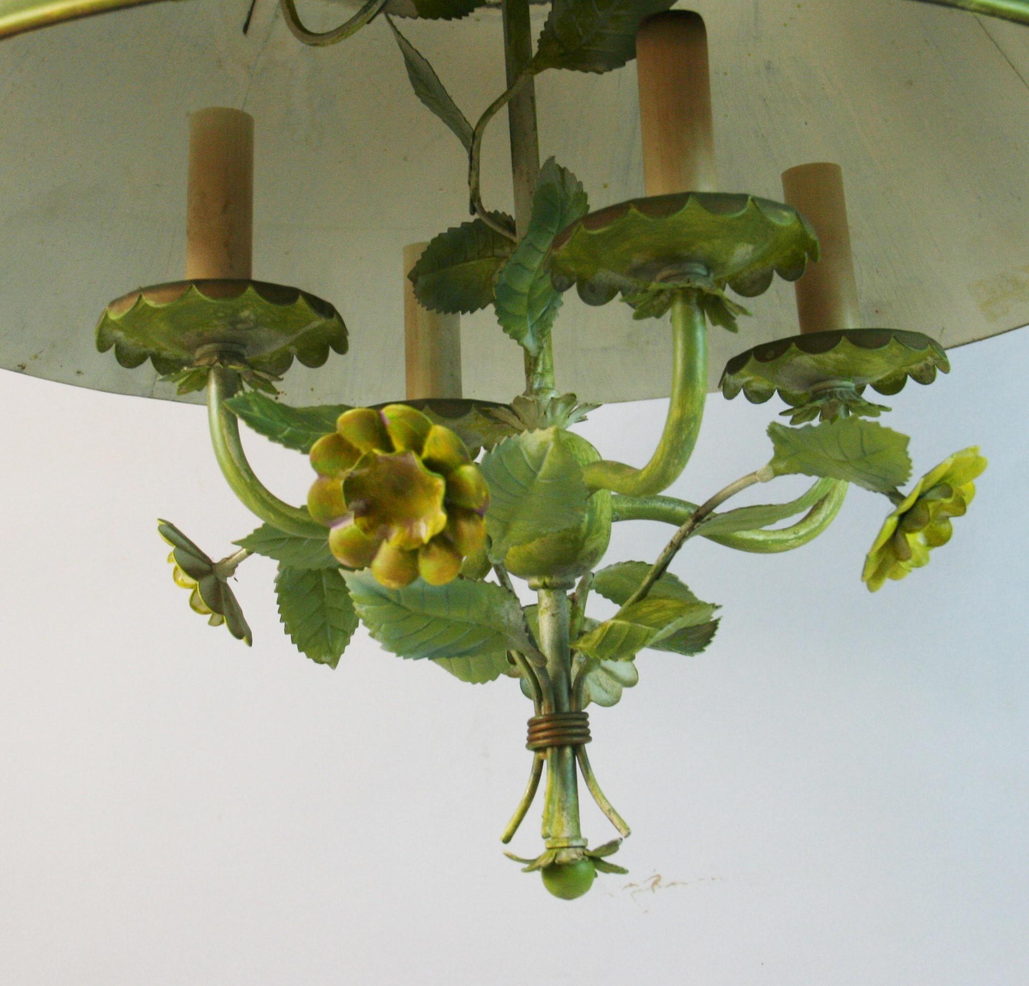Metal Vintage Italian Four Light Tole flowers and leaves Chandelier with Tole Shade For Sale
