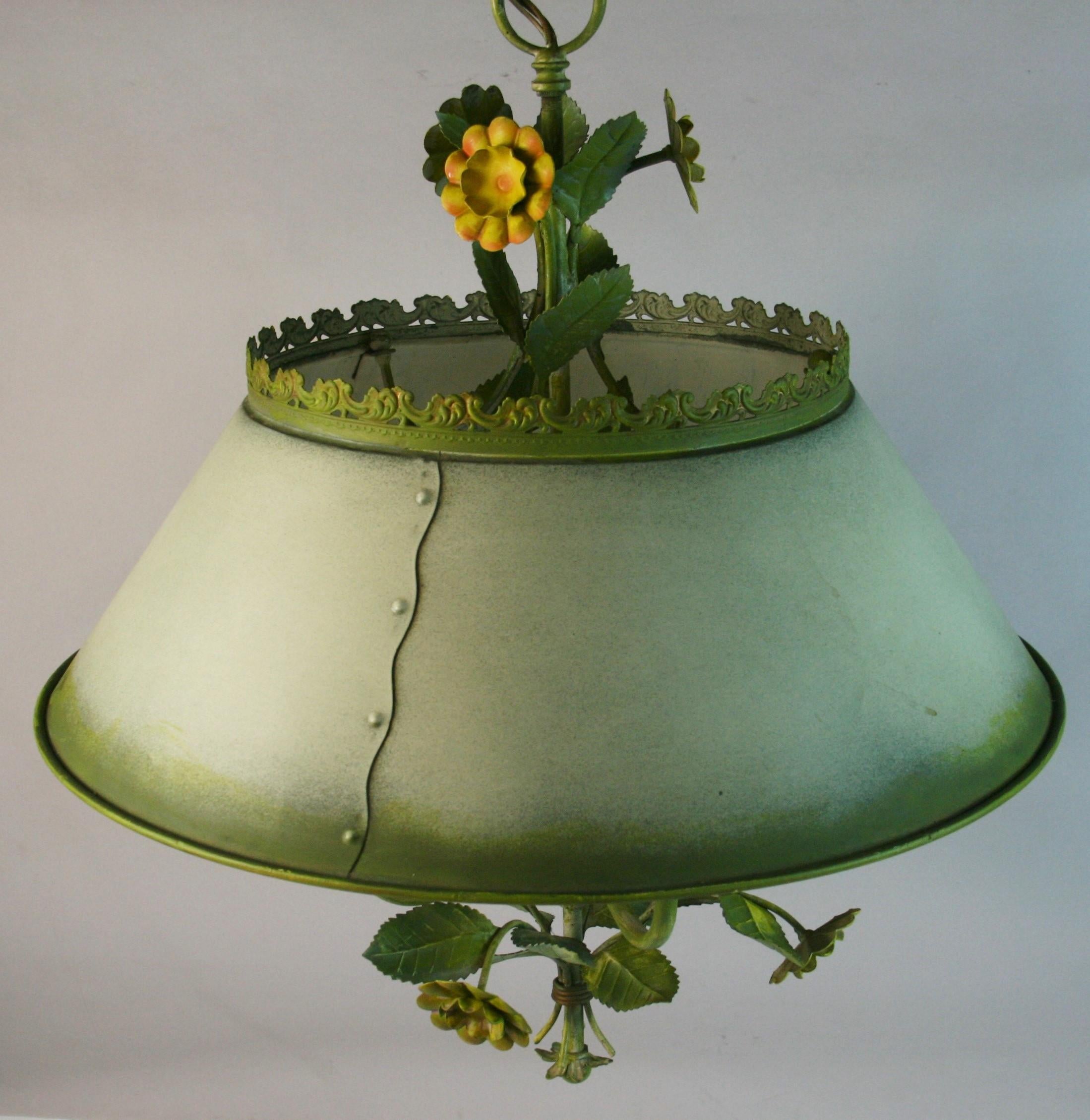 Vintage Italian Four Light Tole flowers and leaves Chandelier with Tole Shade For Sale 1