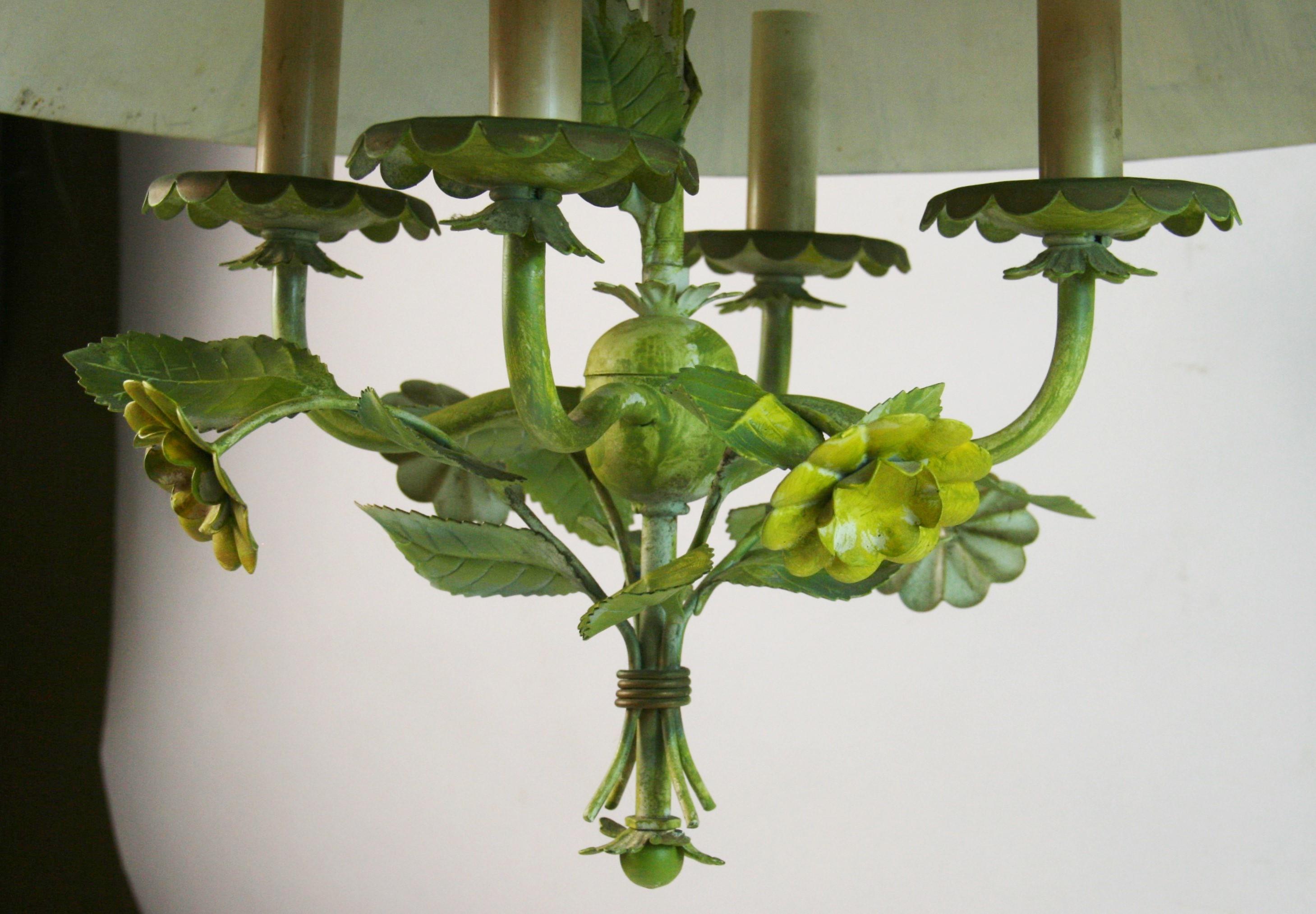 Vintage Italian Four Light Tole flowers and leaves Chandelier with Tole Shade For Sale 4