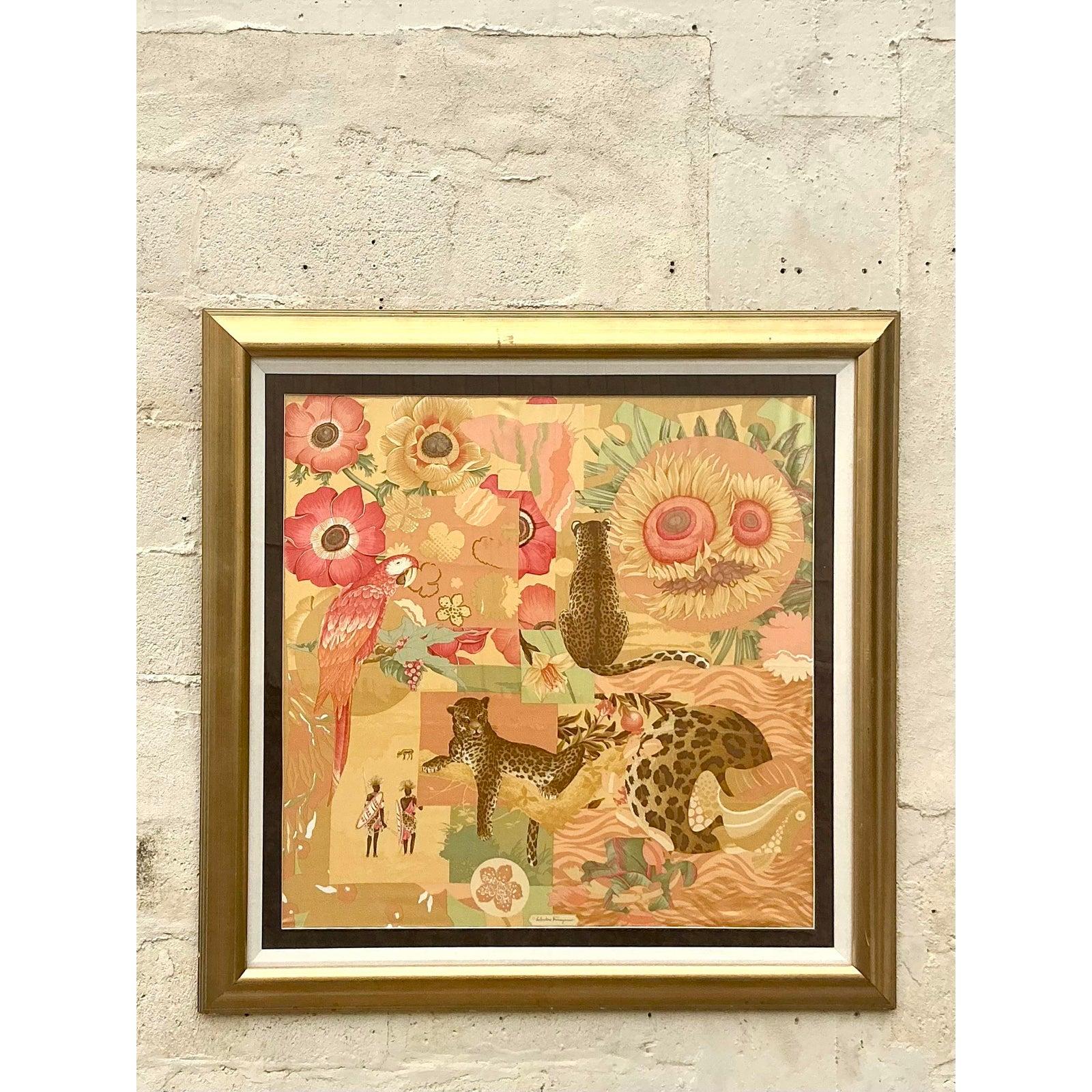 Elevate your interior with the unparalleled chic of a vintage Salvatore Ferragamo silk scarf, masterfully transformed into a stunning piece of wall art. This iconic 