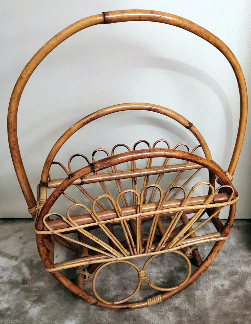 Modern Vintage Italian Franco Albini Style Magazine Rack in Bamboo and Rattan For Sale