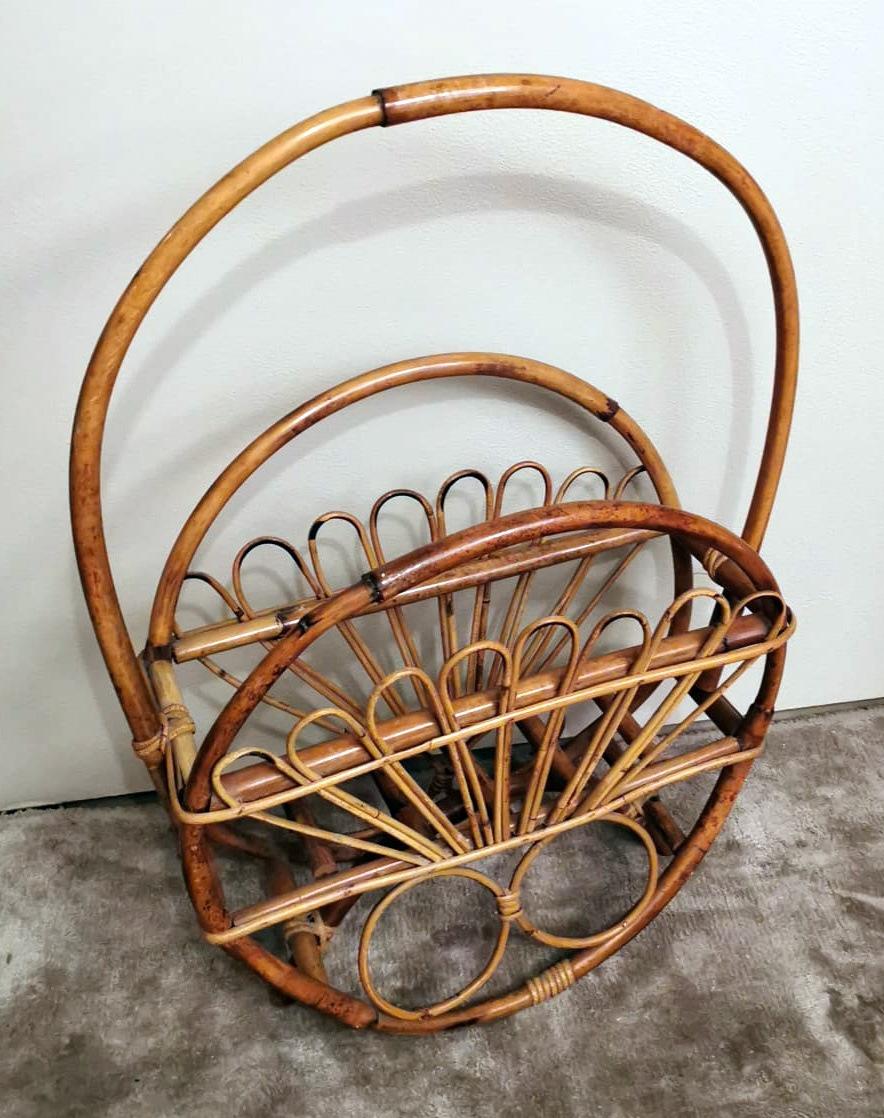 Hand-Crafted Vintage Italian Franco Albini Style Magazine Rack in Bamboo and Rattan For Sale