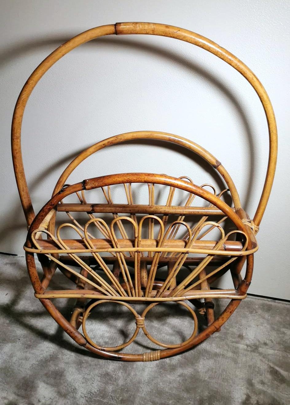 Mid-20th Century Vintage Italian Franco Albini Style Magazine Rack in Bamboo and Rattan For Sale