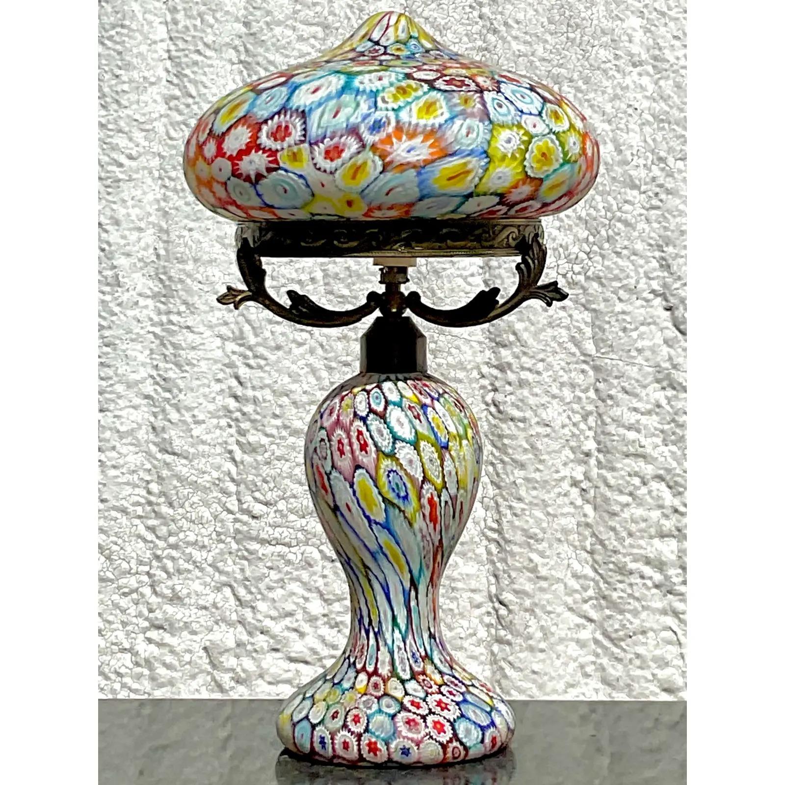 Vintage Italian glass table lamp. The iconic Fratelli Toso Millefiore Mushroom lamp. Brilliant colors in a lantern shape. Tagged on the bottom. Acquired from a Palm Beach estate.
