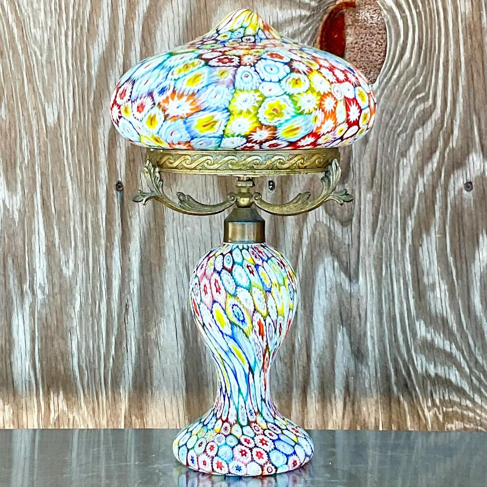 Glass Vintage Italian Fratelli Toso Millefiore Murano Mushroom Lamp For Sale