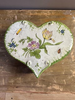 Vintage Italian French Heart-Shaped Ceramic Trinket Box with Floral Motifs, 1950