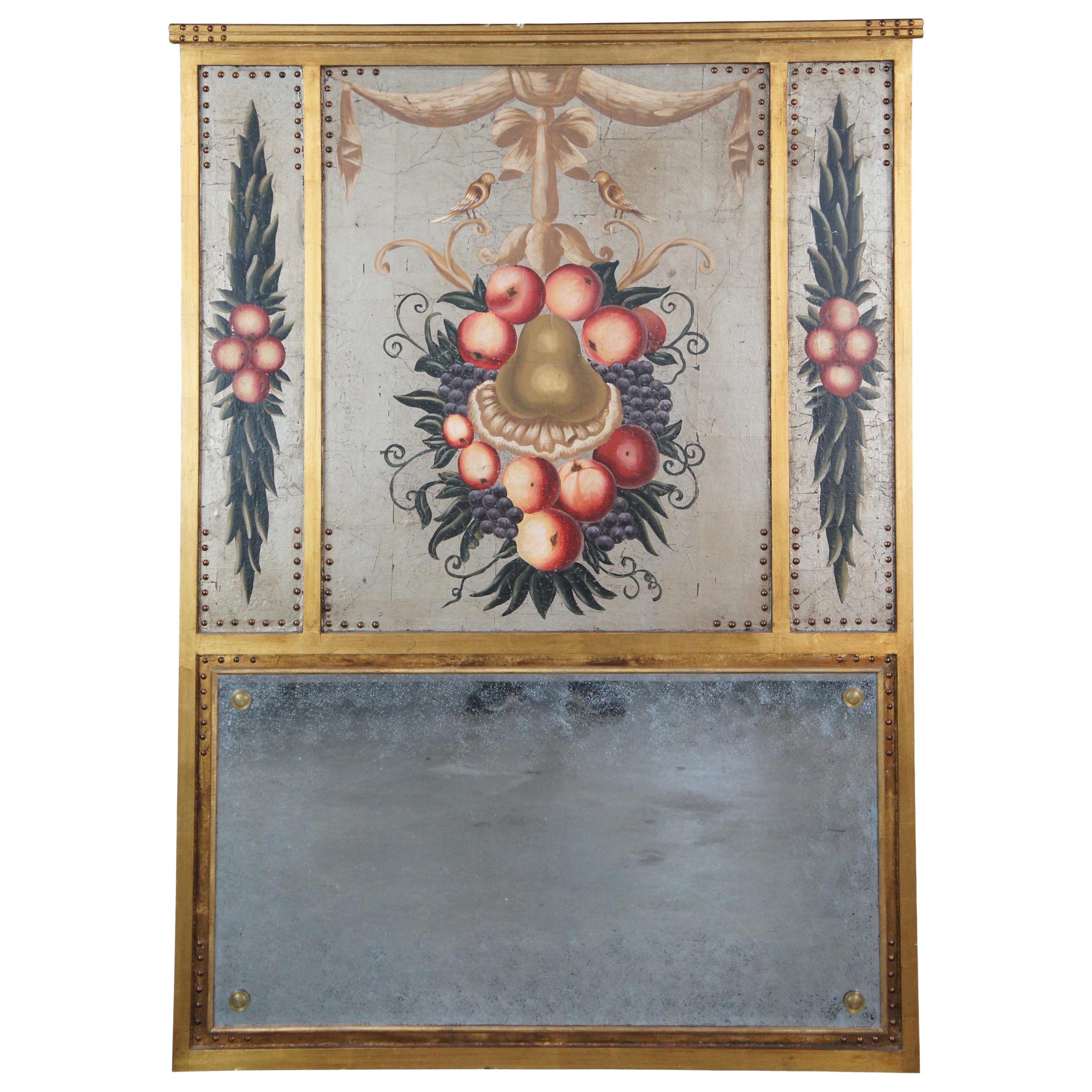Vintage Italian Fruit
Bird Motif Beveled Glass Over Mantel Trumeau Mirror 60"