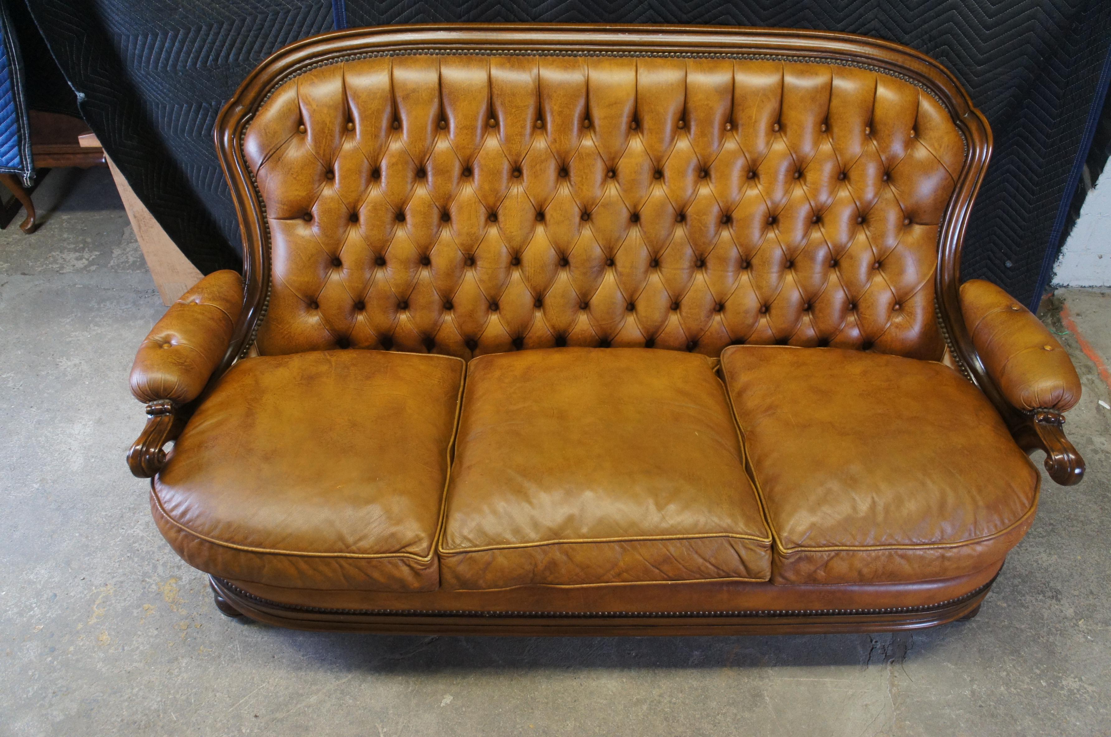 20th Century Vintage Italian Fruitwood Tufted Leather Nailhead 3 Seat Library Sofa Couch 77