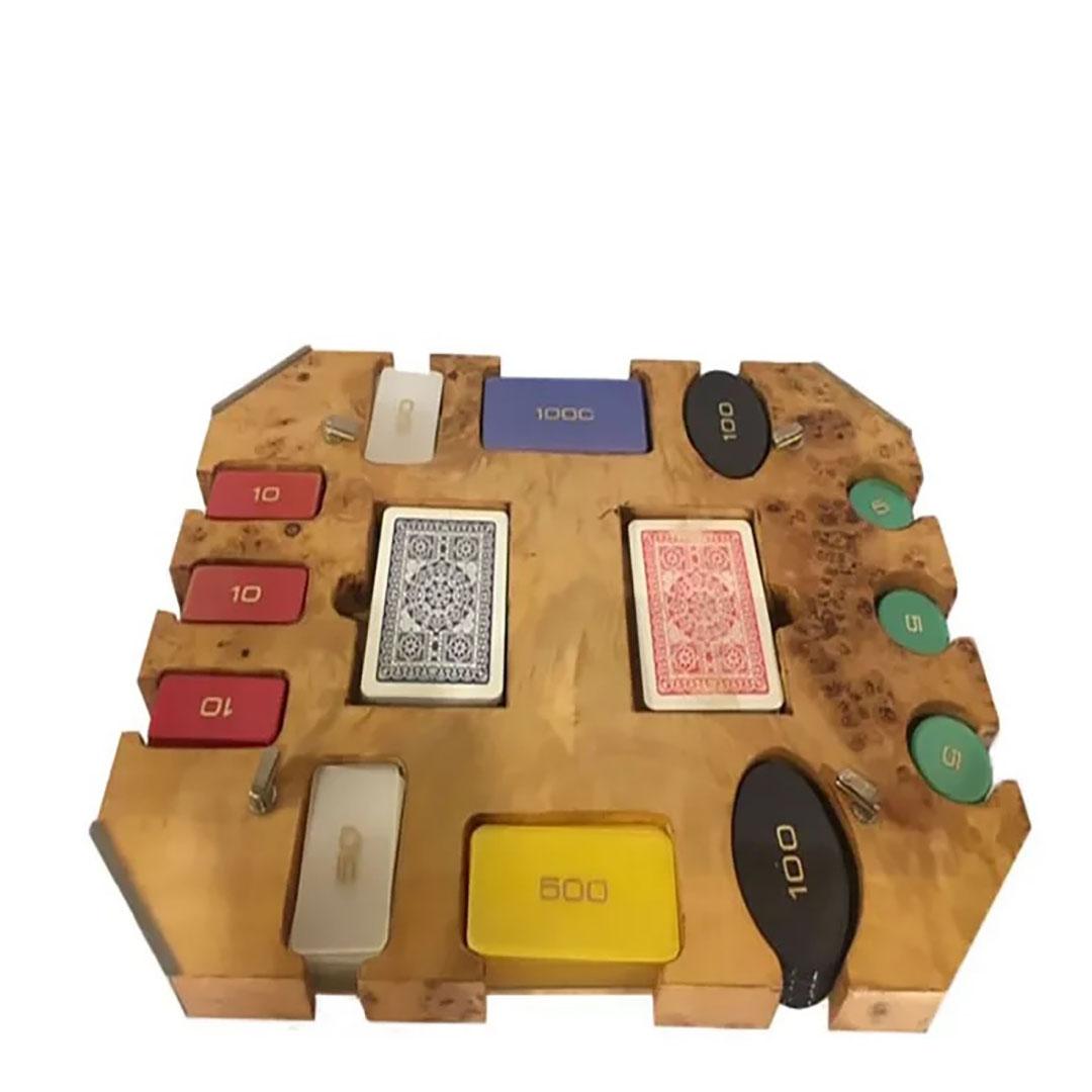Vintage Italian gaming chips in a burled wood and silvered metal caddy. With cards and bakelite chips.