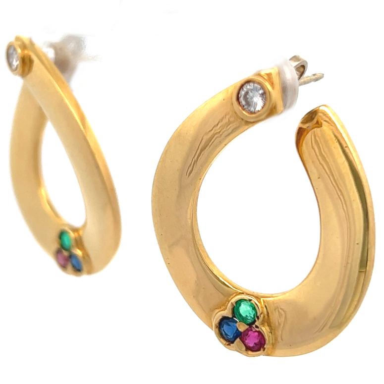 Vintage Italian Gemstone Diamond 18 Karat Yellow Gold Hoop Earrings In Good Condition In Beverly Hills, CA