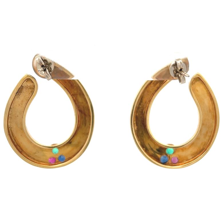 Women's or Men's Vintage Italian Gemstone Diamond 18 Karat Yellow Gold Hoop Earrings